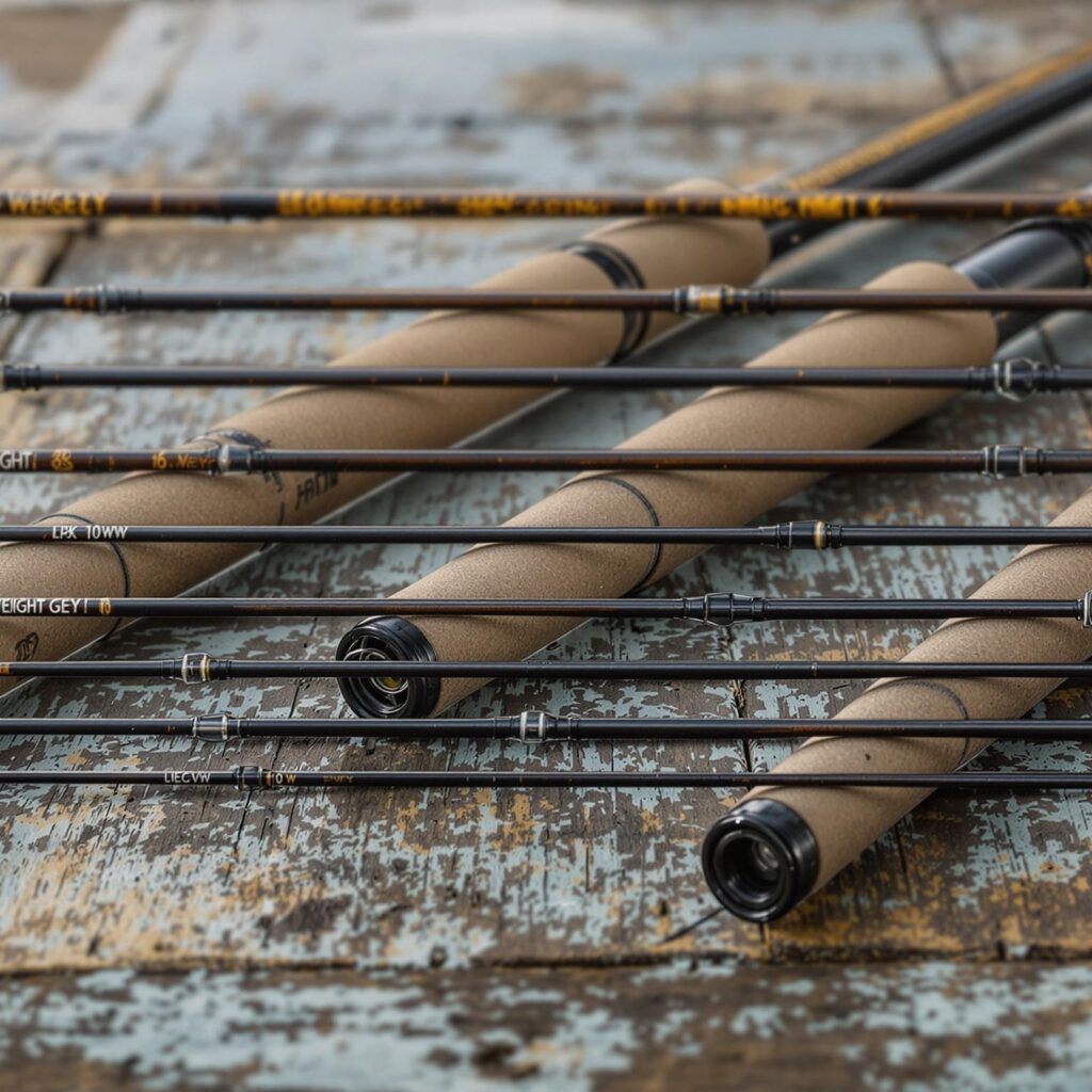 Fly rod comparison showing the size difference between different weight ratings from 2 weight to 10 weight