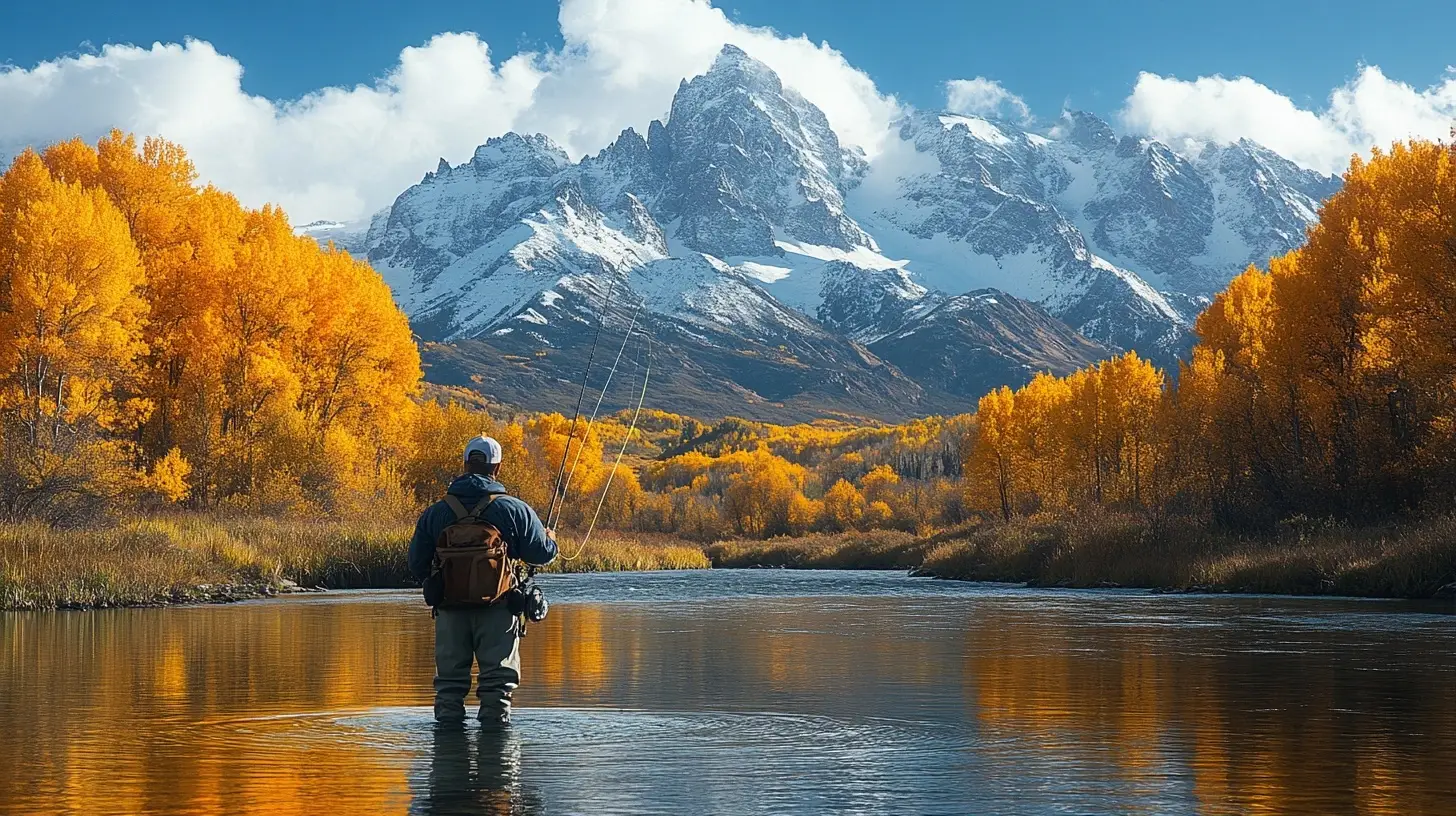 Man Fly fishing in Colorado's Gold Medal Rivers. Magnificent fall foliage.