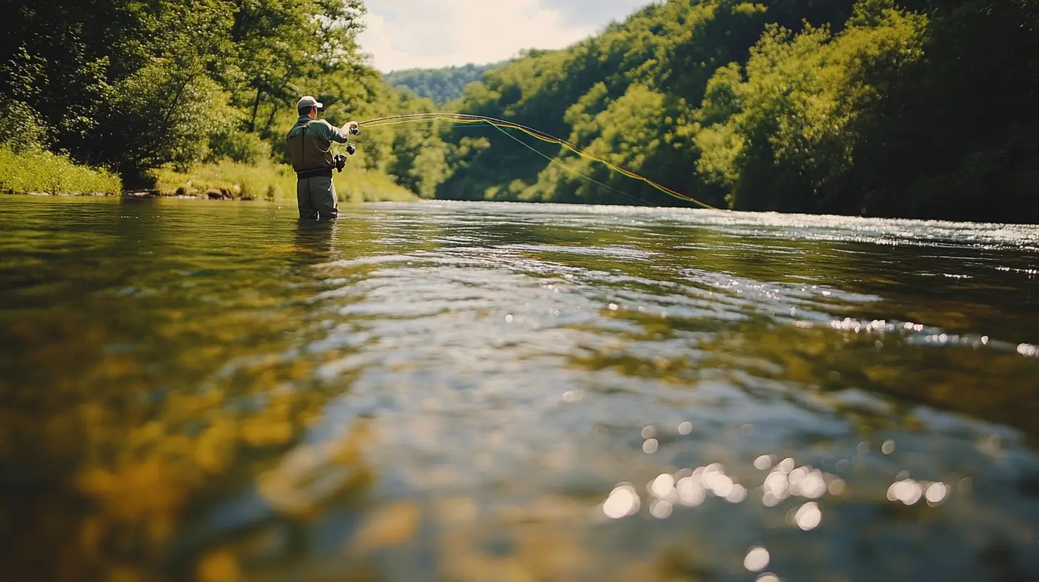 A fly fisherman practicing Euro Nymphing in a clear, fast-flowing river.