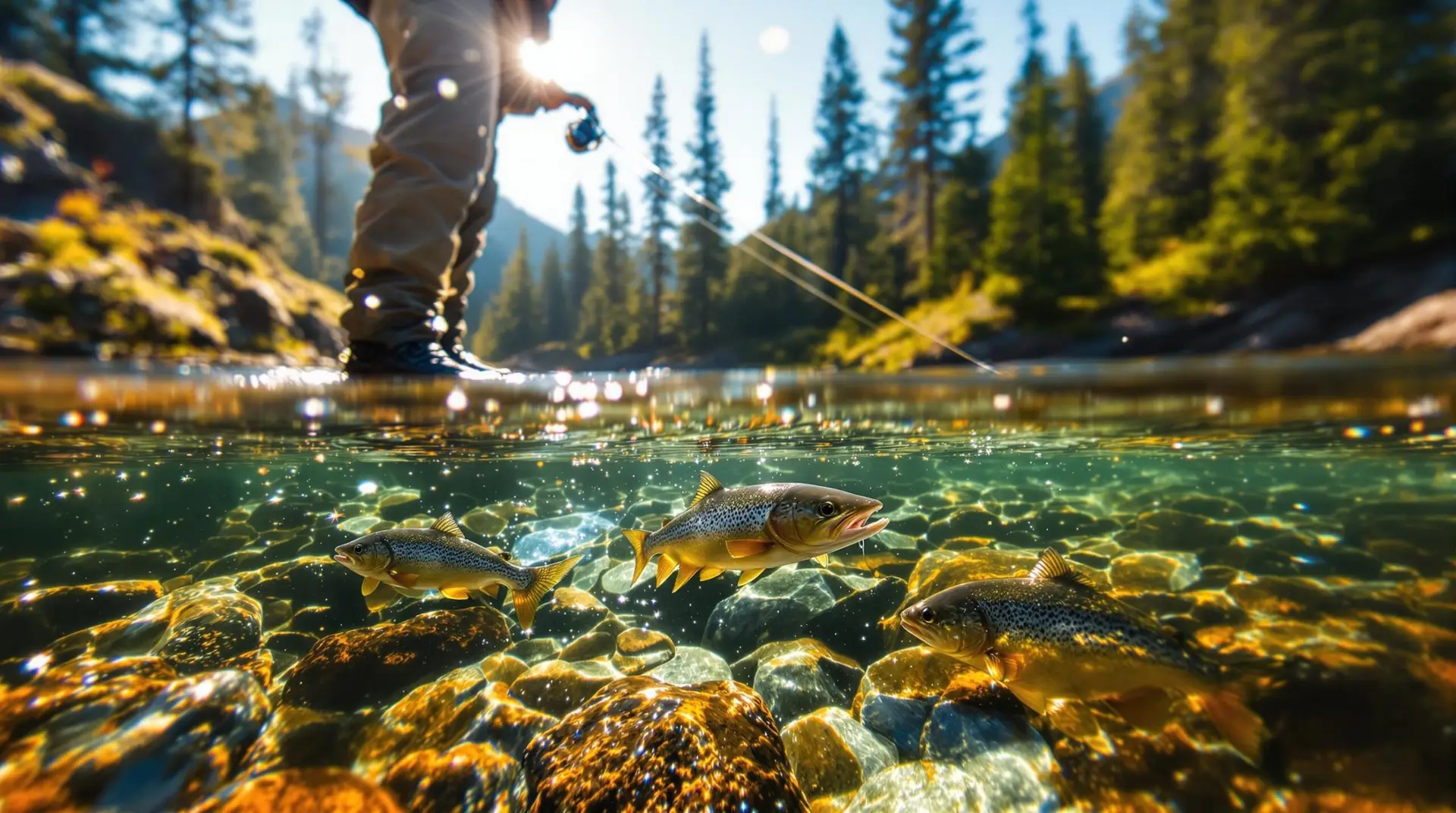 A fly fisher stands mid-stream performing the Euro nymphing technique, with a long rod extended forward maintaining a tight line to a submerged nymph