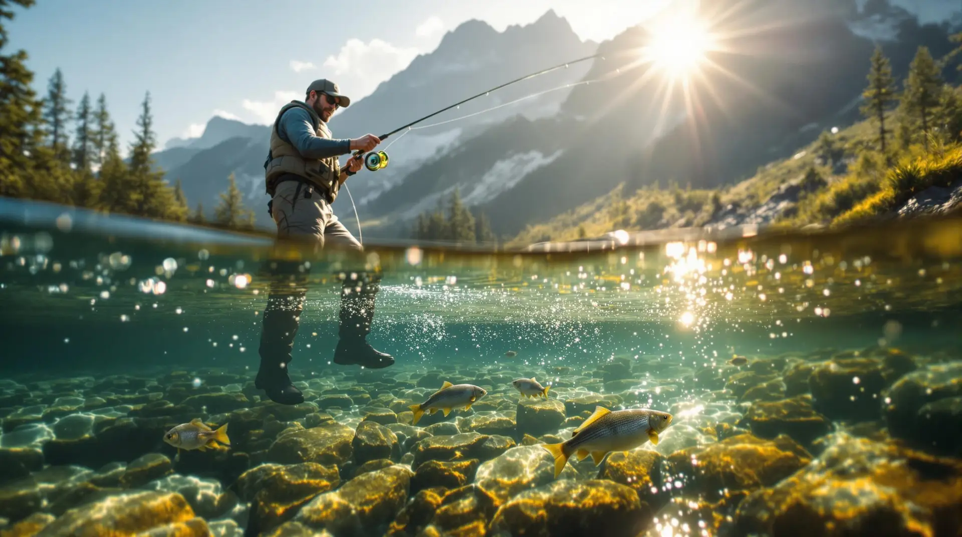 An expert angler demonstrates the precision of French nymphing on a clear mountain stream, using a specialized long rod with a colorful ...