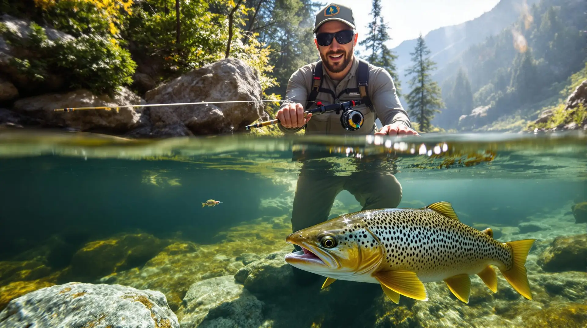 A fly angler demonstrates Euro nymphing technique on a clear mountain stream, utilizing a specialized long rod with a visible sighter in the extended
