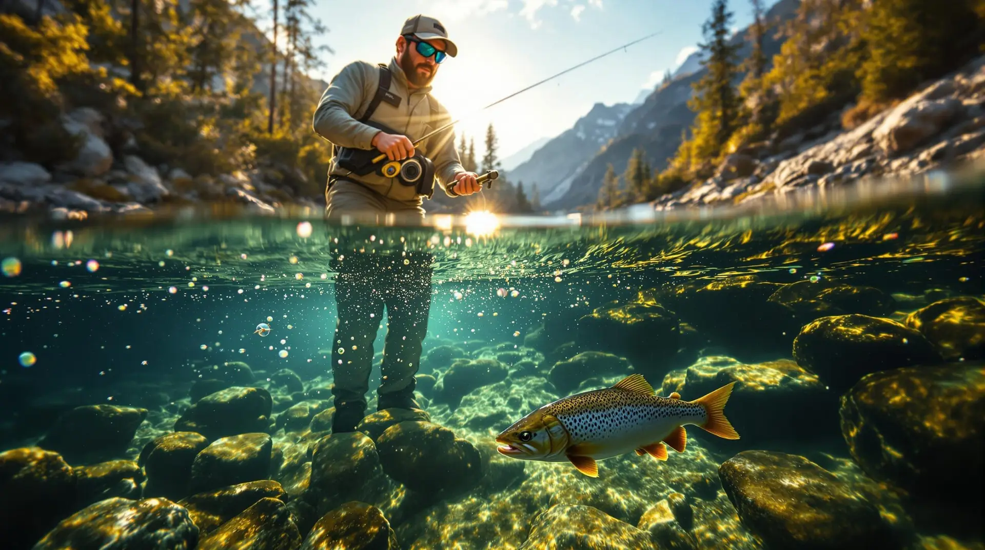 An angler demonstrates the top-down Euro nymphing approach on a crystal-clear mountain stream, using a specialized long rod with visible colored sight