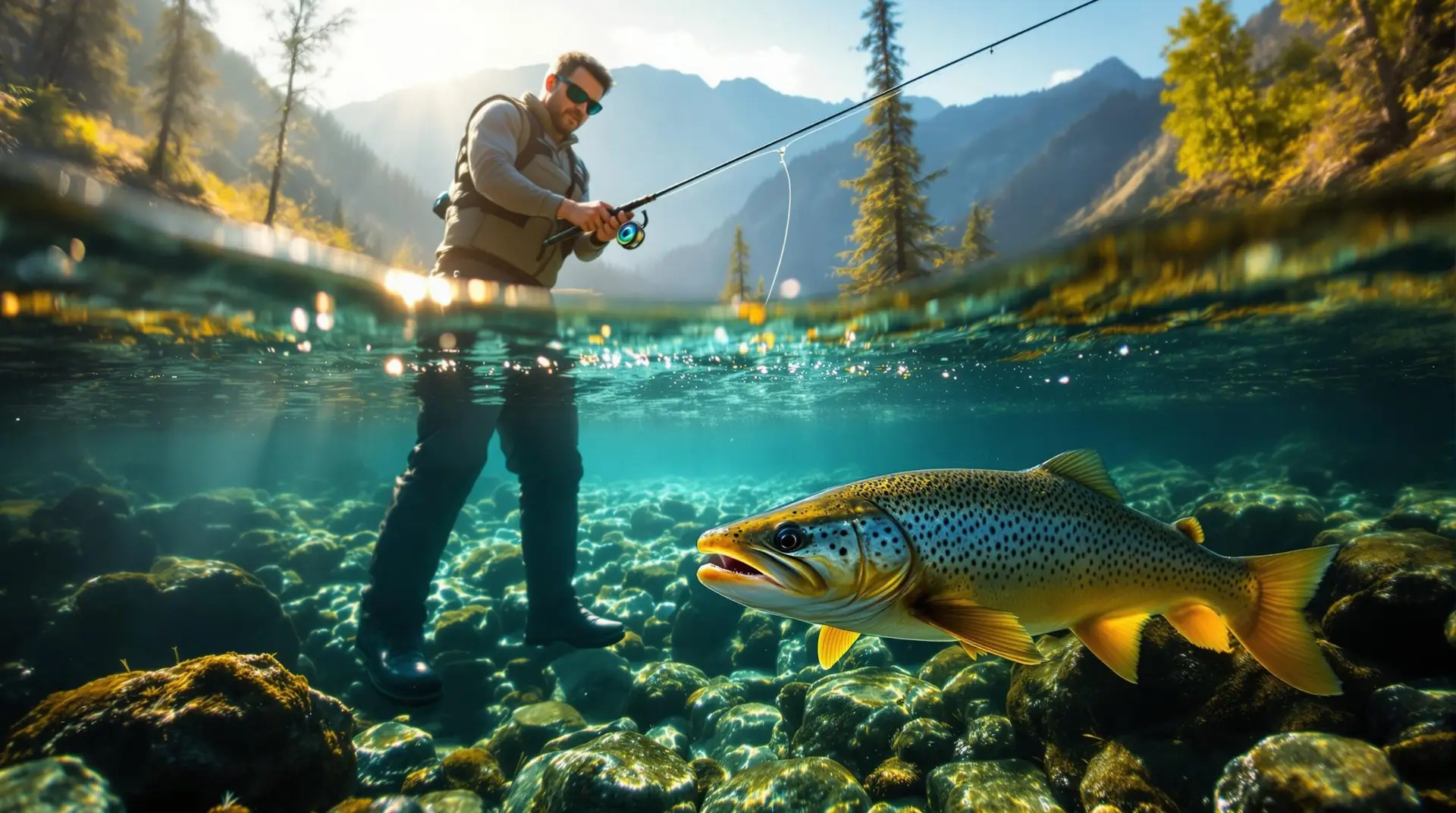A professional angler demonstrates Euro nymphing on a clear mountain stream, utilizing a specialized long rod with colored sighter material in the lea