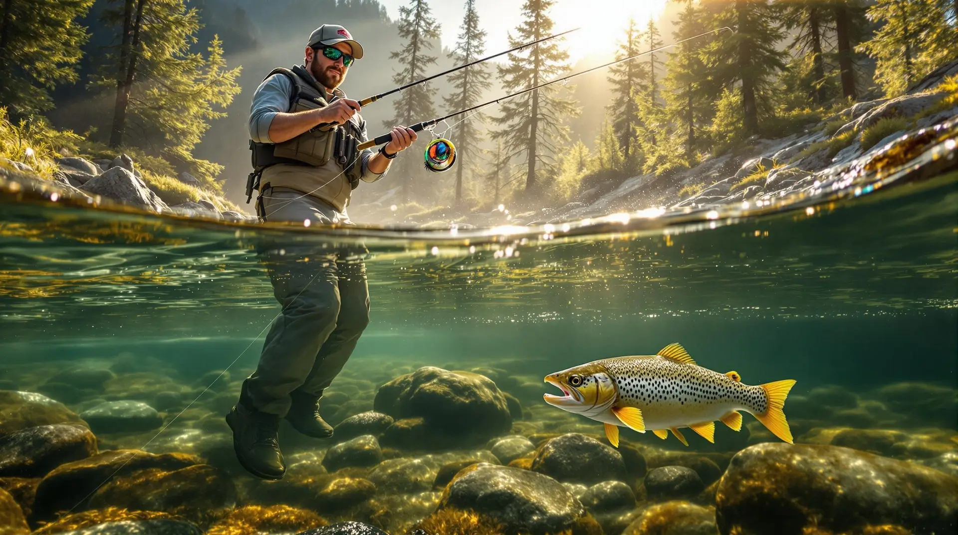 An expert angler demonstrates Euro nymphing on a crystal-clear mountain stream, utilizing a specialized long rod with a vibrant sighter visible in the