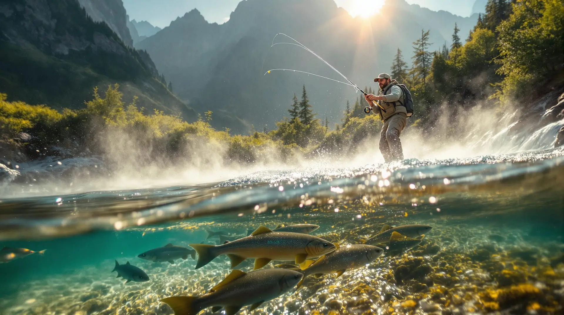 split-level photograph of fly fishing in what appears to be a mountainous wilderness area.