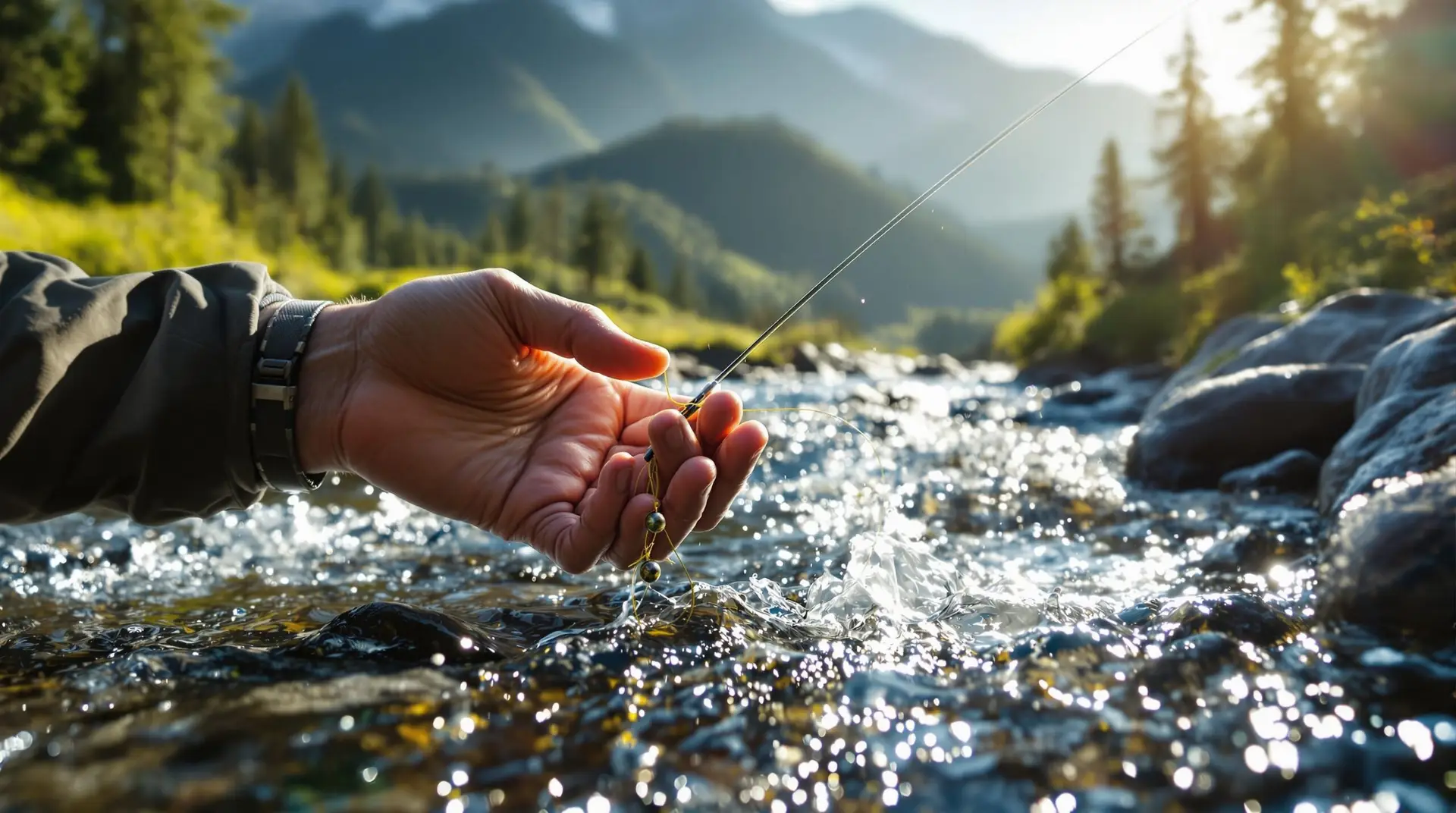 Expert angler demonstrating proper nymph rig weight placement techniques on a crystal clear mountain stream for optimal fly fishing results