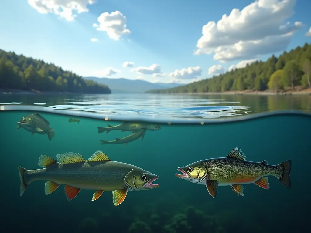 Split-view image showing how barometric pressure affects fish positioning and behavior in a lake