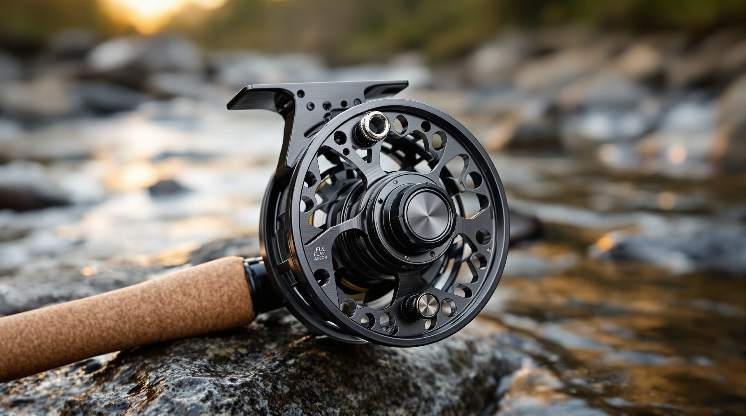 Premium machined aluminum large arbor fly fishing reel mounted on cork-handled fly rod, featuring perforated arbor design and anodized finish, photographed in golden morning light with blurred river background.