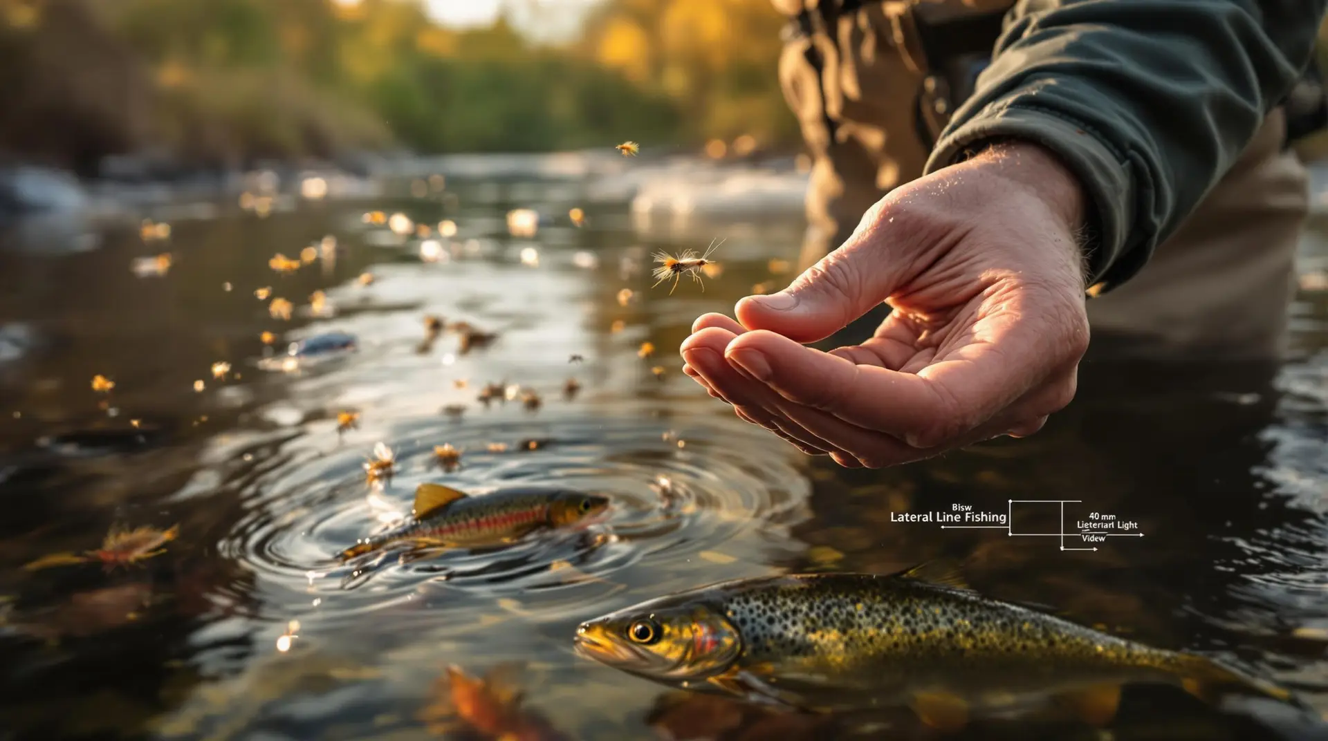 A highly detailed, professional photograph of a fly fisherman standing in a river at dawn or dusk, demonstrating advanced hatch matching techniques. The angler should be examining a small aquatic insect in their hand while holding a matching artificial fly in the other hand for comparison. In the background, show fish rising to feed on insects at the water's surface. Include a subtle lateral line diagram on a fish visible in the water. The image should have beautiful golden light, slight mist ov