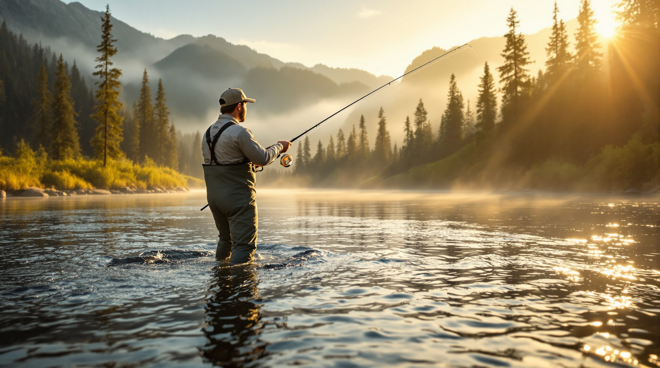 Professional angler in premium fly fishing waders casting in mountain river during golden hour