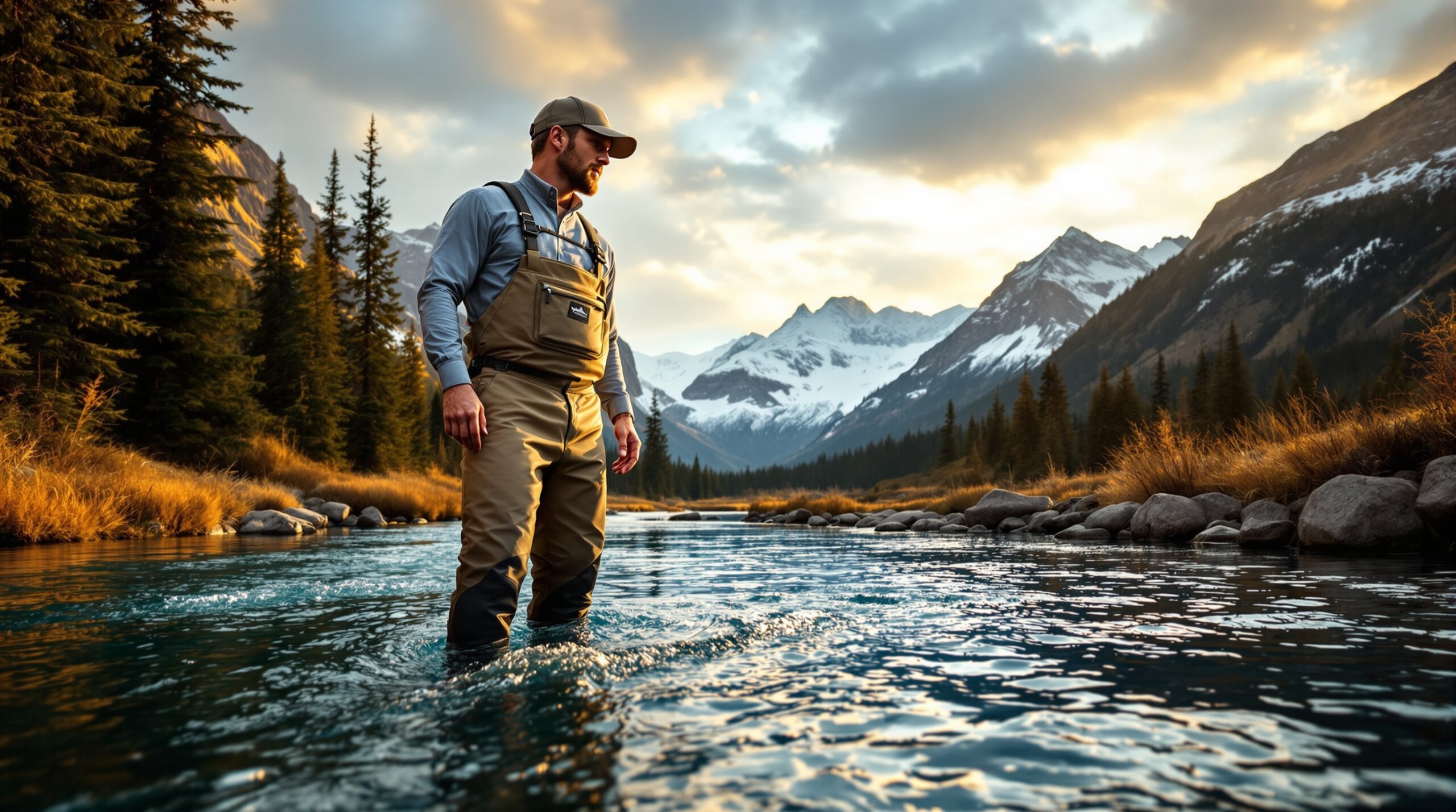 Fly fisherman in premium chest waders standing in mountain river at golden hour with snow-capped peaks in background