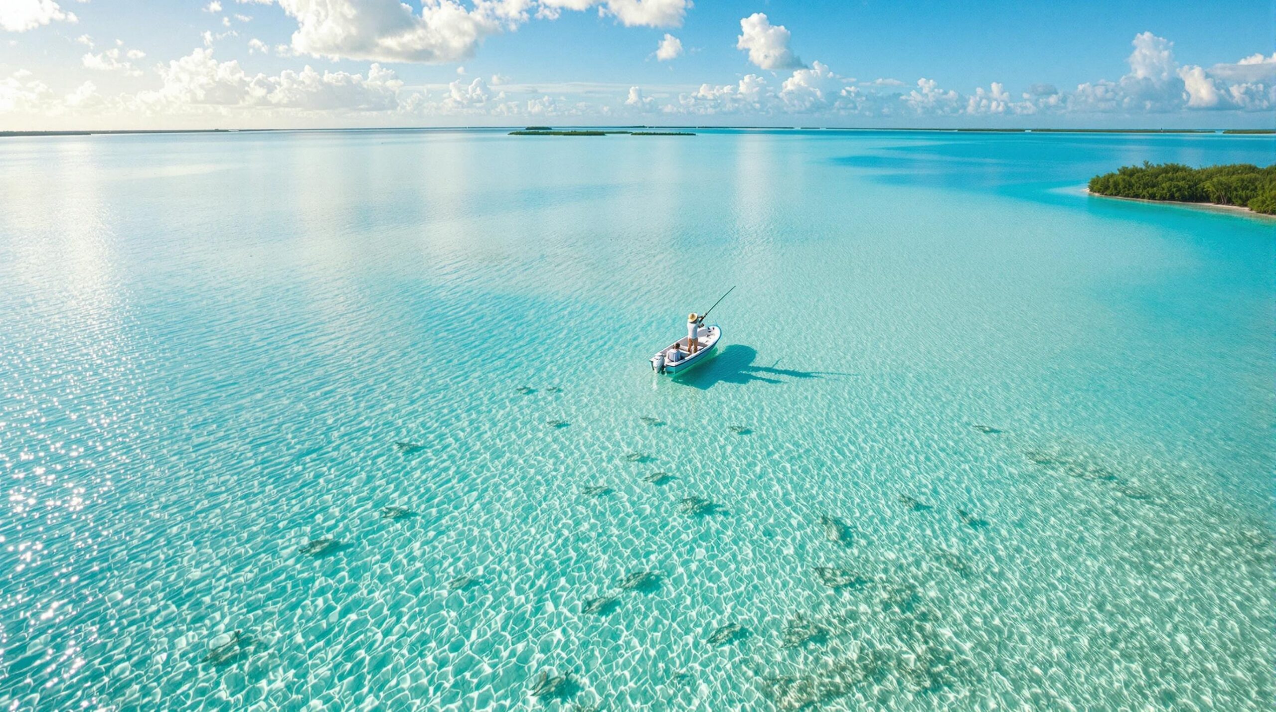 Aerial view of angler fly fishing in Ascension Bay's turquoise flats, Mexico - one of the best fly fishing vacations destinations with pristine waters and abundant bonefish