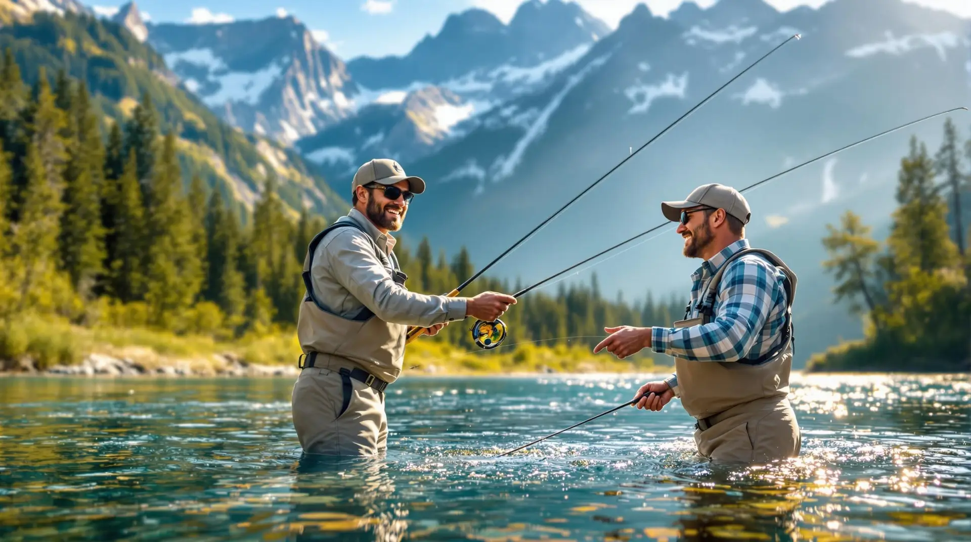 A fly fishing guide teaching a client in a scenic mountain river setting. The guide is demonstrating proper casting technique while standing knee-deep in crystal clear water. Majestic mountains rise in the background with lush forest. The client is smiling, wearing waders and holding a fly rod. Morning light creates a golden glow on the water surface. Fly fishing gear and tackle visible nearby on the riverbank. Photorealistic, outdoor adventure photography style.