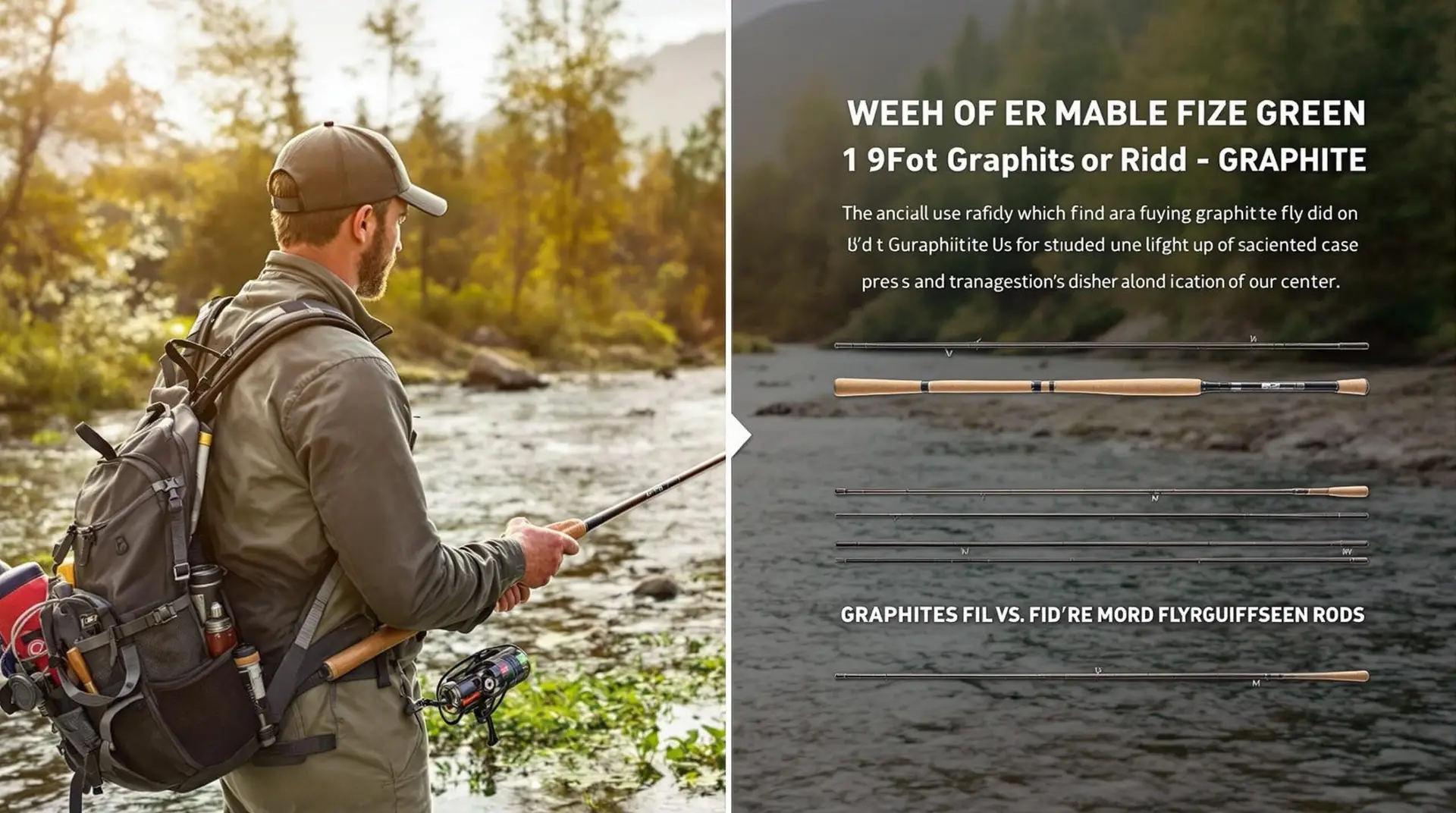 An angler standing by a scenic river holding a 9-foot graphite fly rod, with a split-screen comparison showing graphite vs fiberglass rods. In the background, a travel backpack with fishing gear visible. The image should have a warm, adventurous feel with natural lighting highlighting the details of the fishing rod and the beautiful outdoor setting. Photorealistic style.