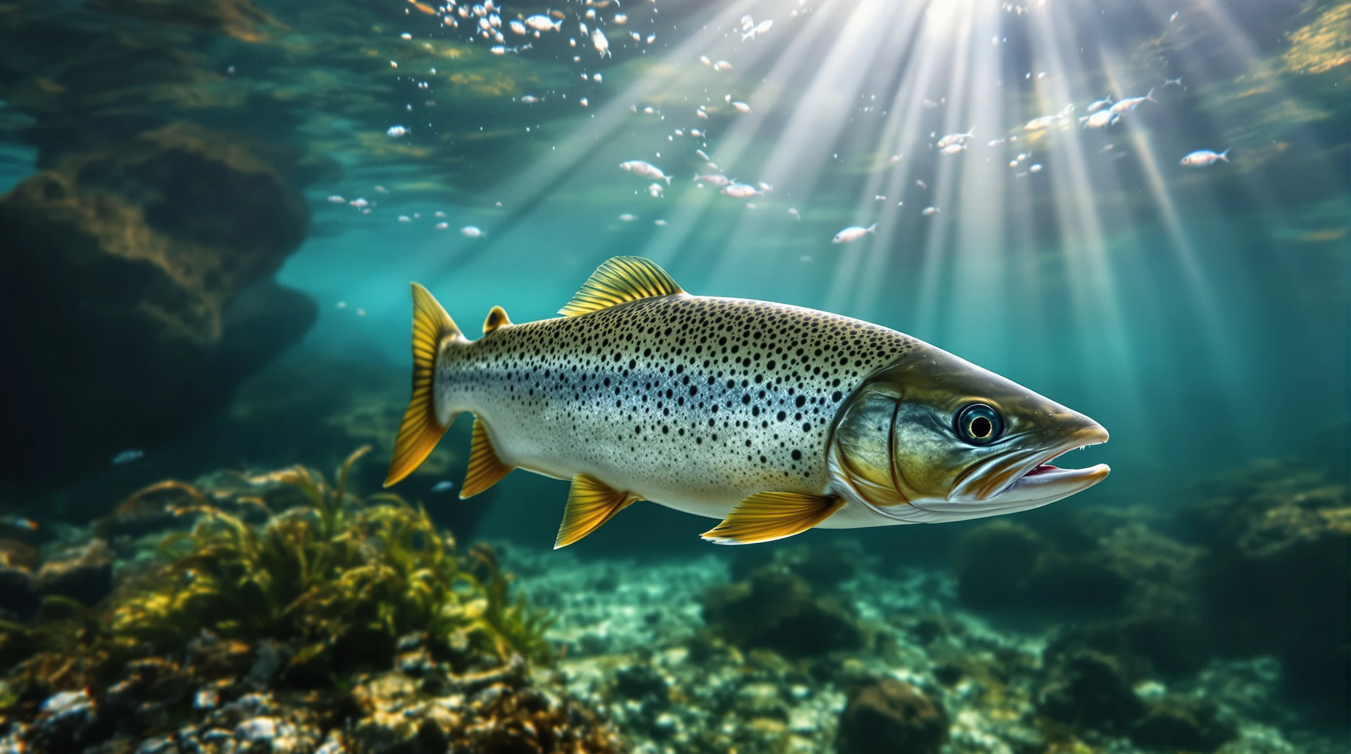 Coastal cutthroat trout suspended underwater in clear river, showing spotted flanks and orange slash marks