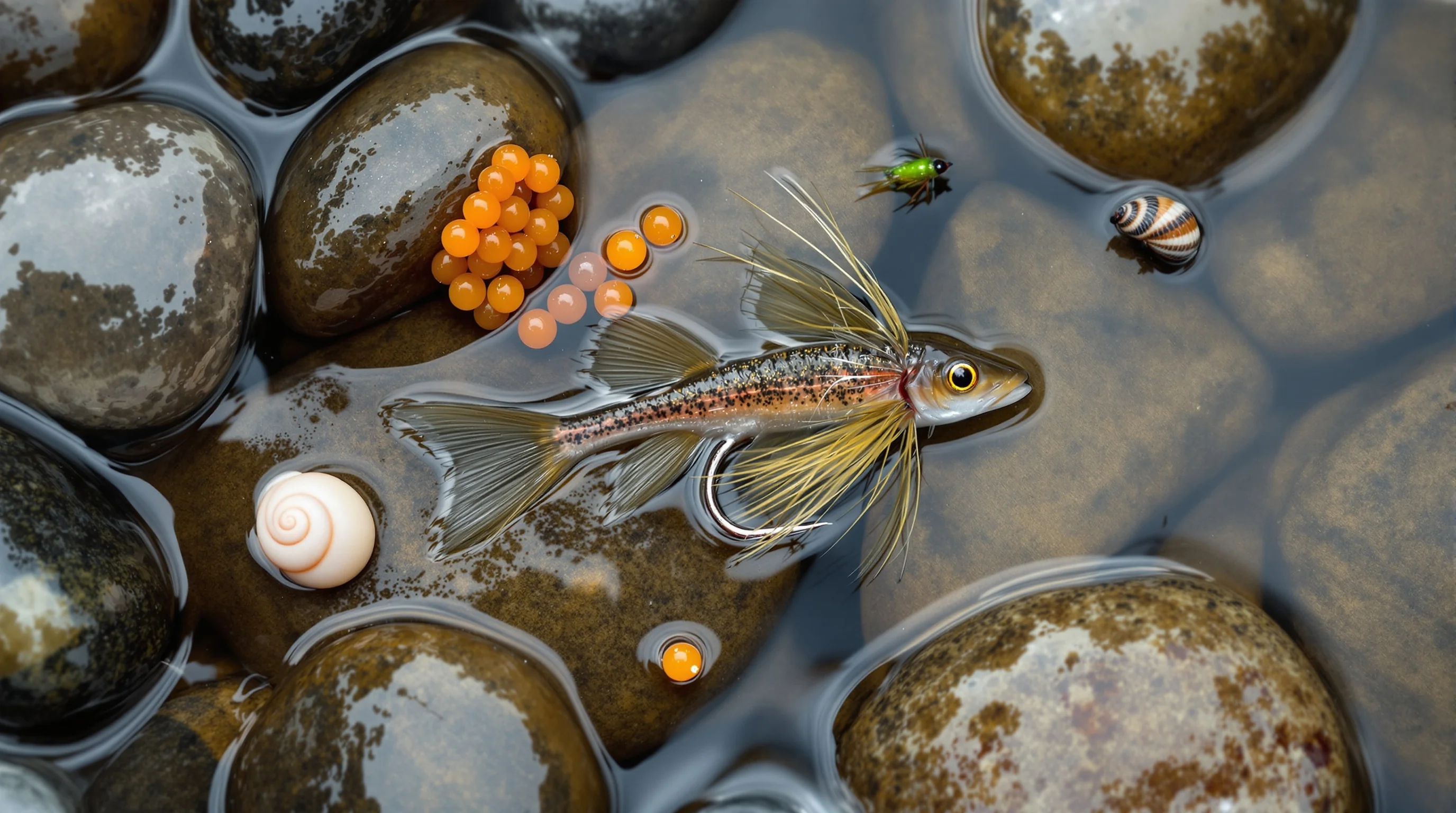 Hand-tied fly beside natural prey on wet stones, illustrating coastal cutthroat trout diet preferences
