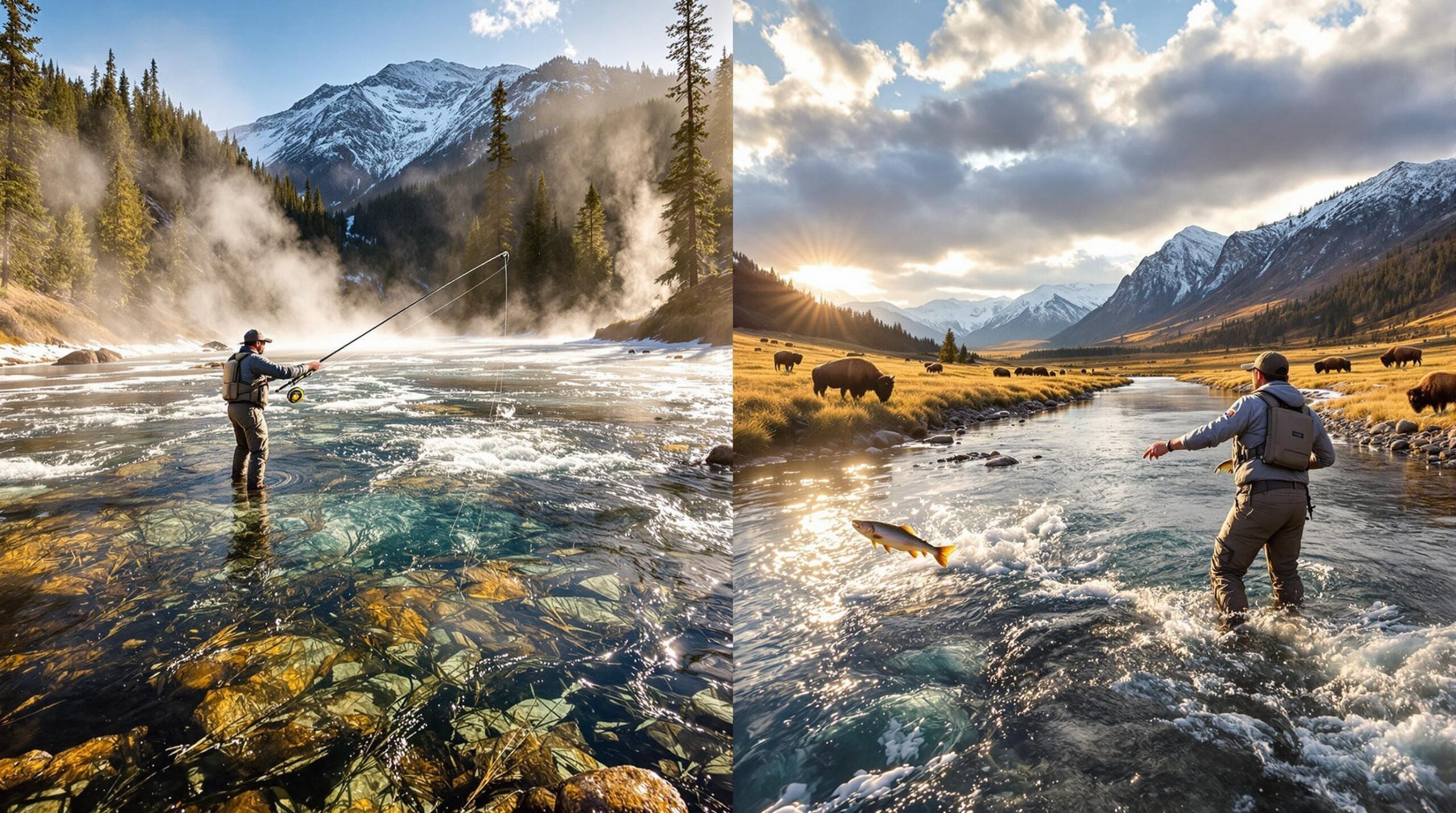 Split-scene view of two top fly fishing destinations in Yellowstone: Firehole River with thermal features and steamy waters on left, pristine Lamar River with mountain wilderness backdrop on right, both showing anglers casting to rising trout.