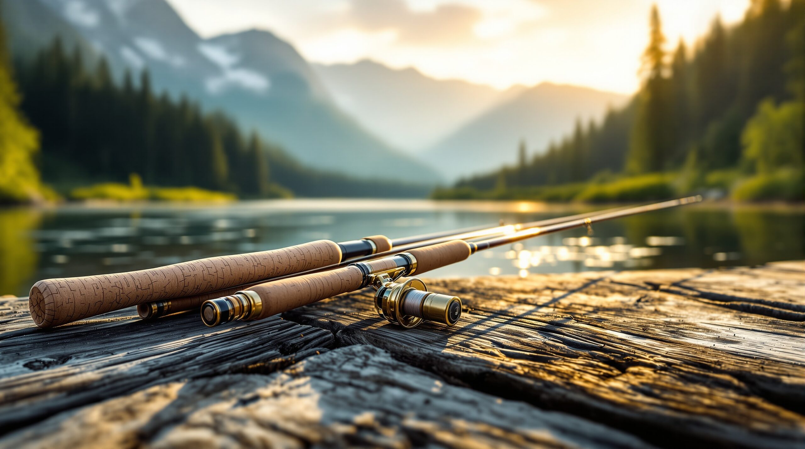 Multiple fly rods of different weights arranged on wooden dock by mountain river - fly rod weights chart guide