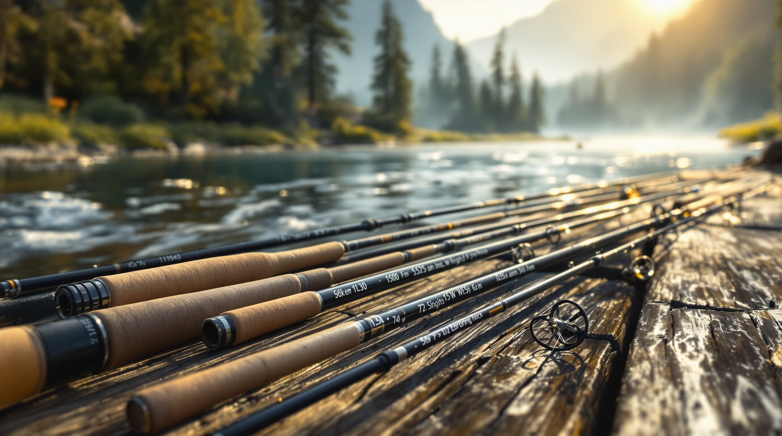 Multiple fly fishing rods on wooden dock with fly rod weights chart specifications visible, angler choosing rod by stream