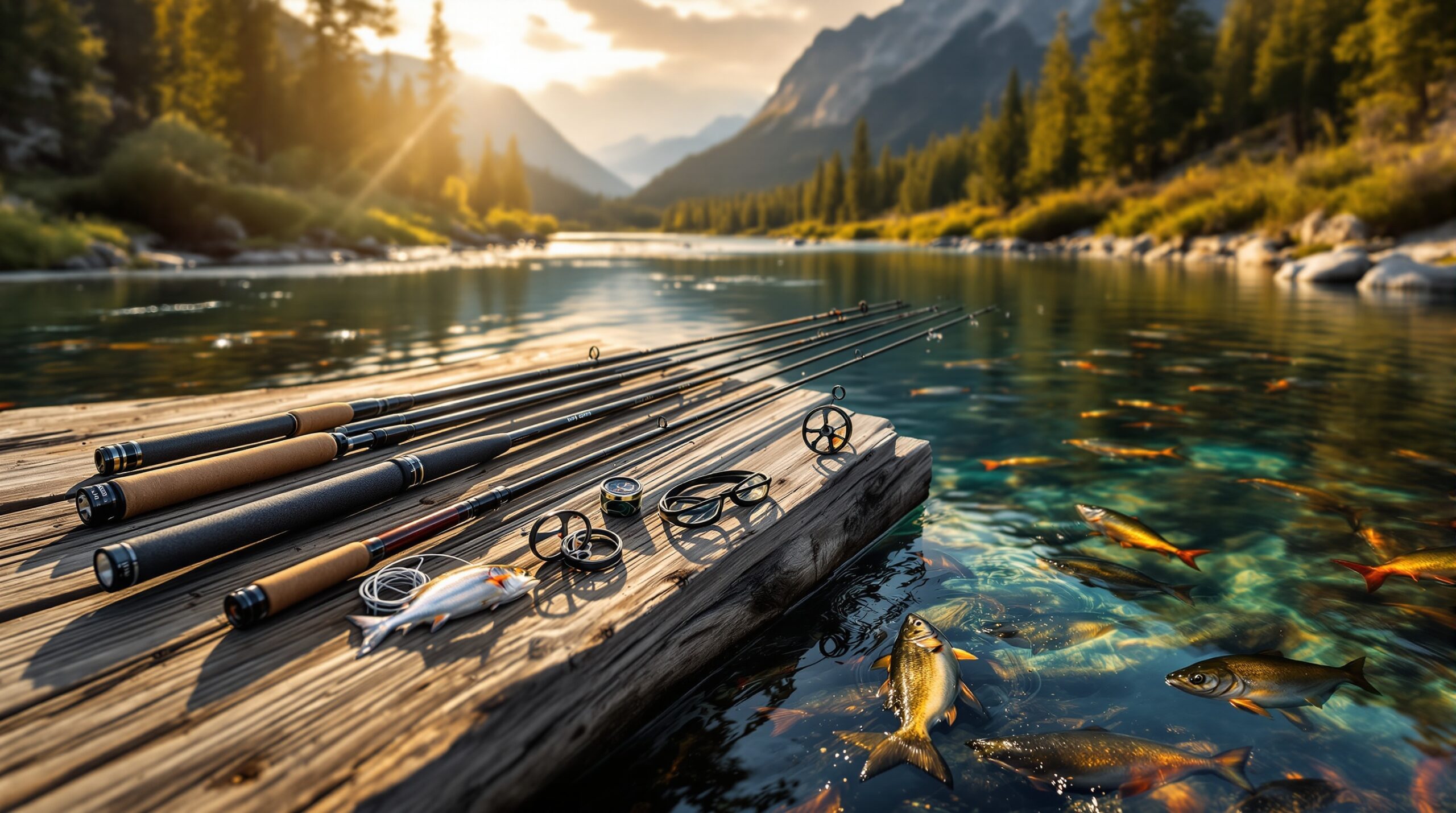 Multiple fishing rod weights displayed on wooden dock over clear stream with visible trout, bass, and salmon below