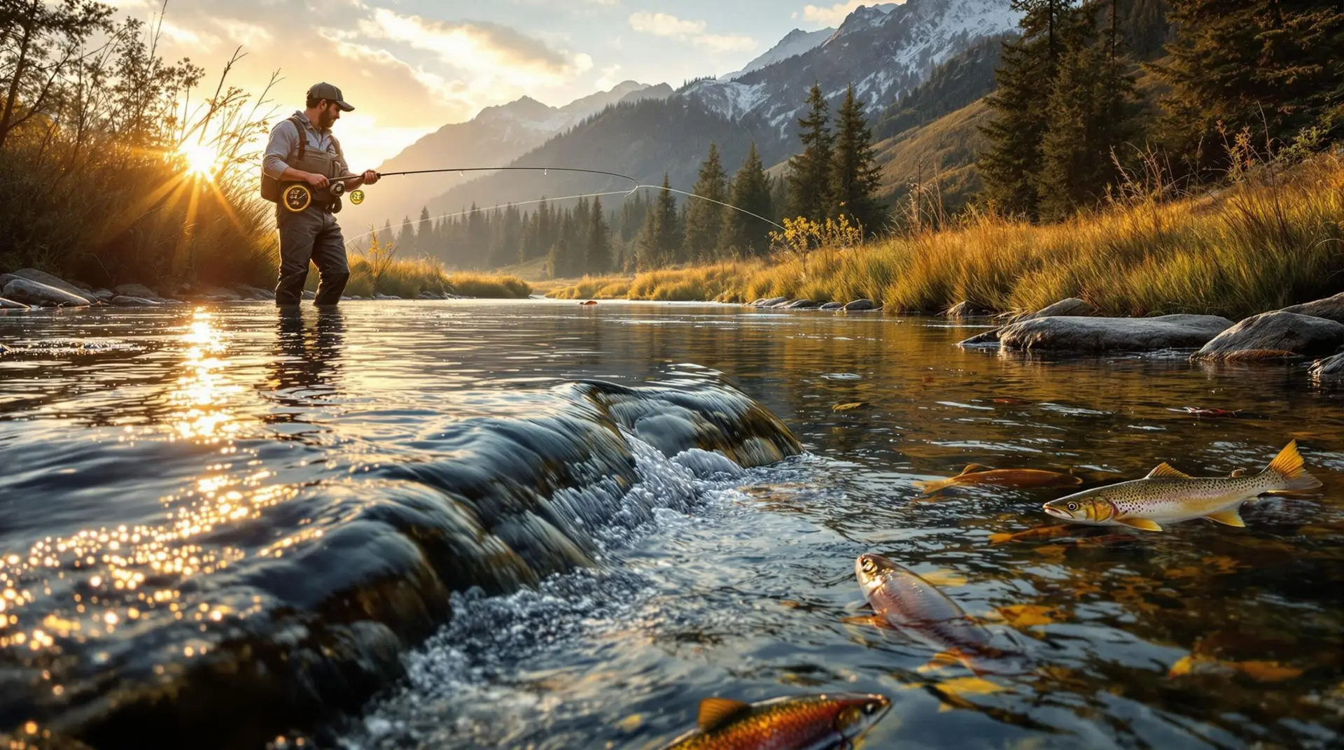 # Image Prompt for Flux-Pro/V1.1-Ultra A serene fly fishing scene at golden hour showing a fisherman standing knee-deep in a clear stream with beautiful riffles. The water temperature gauge is visible (showing optimal 58°F), and fish are visible beneath the surface. The image should feature different fly types (nymph, streamer, and dry fly) artistically represented near the edges. The scene captures the connection between water conditions and fish behavior, with some trout actively feeding in th