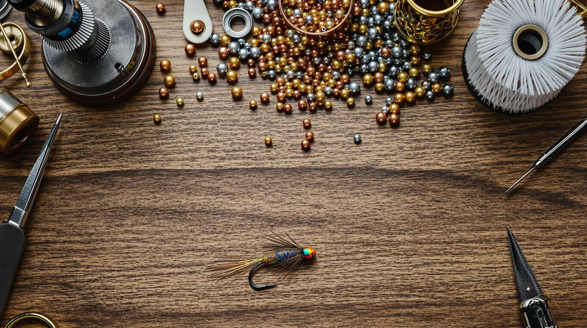 Neatly organized fly tying desk showcasing colorful best tungsten beads for nymphing, with partially completed fly and essential tying tools on wooden surface.