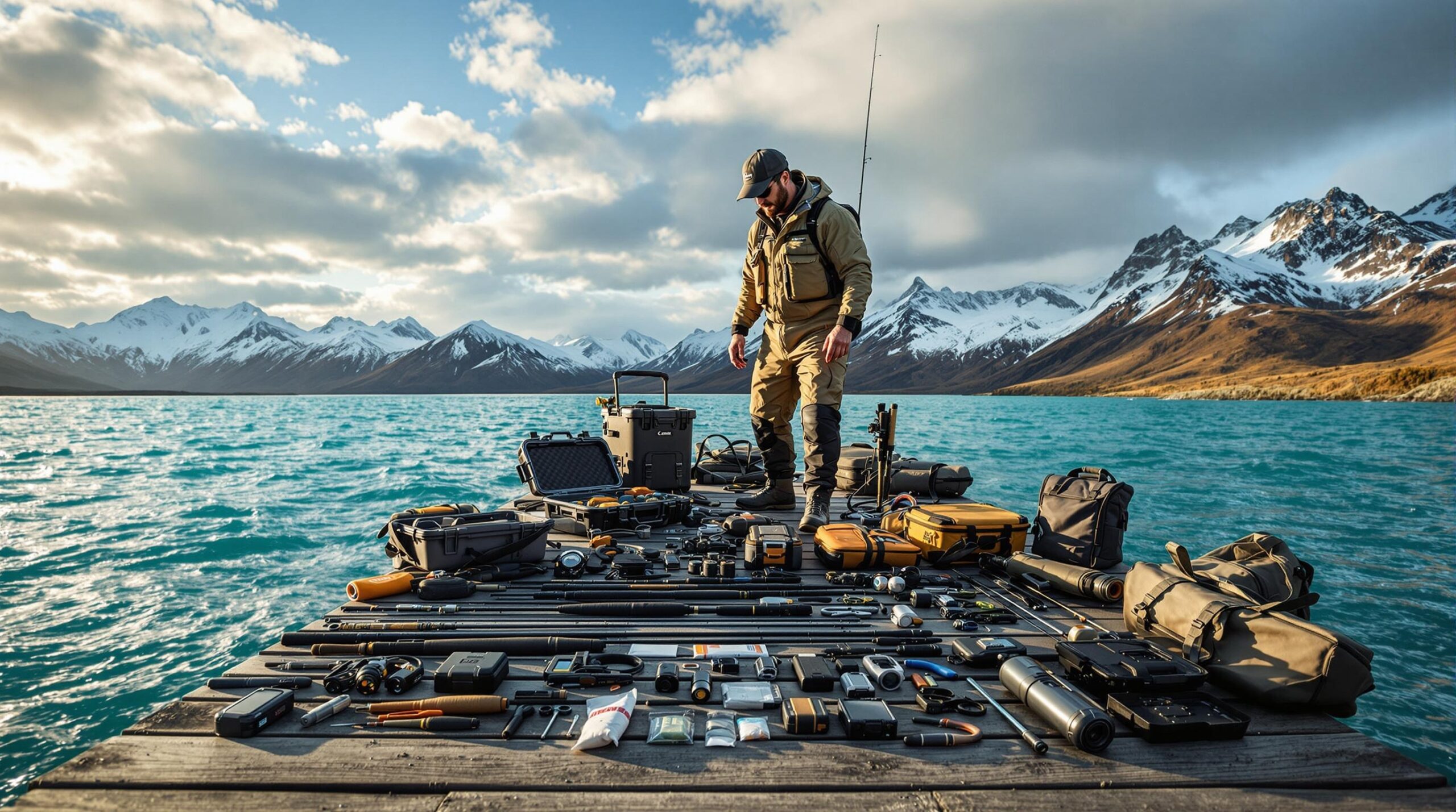 Professional angler organizing fly fishing gear for travel on wooden dock in Patagonia, with rods, reels, and tackle boxes systematically arranged against dramatic mountain landscape.
