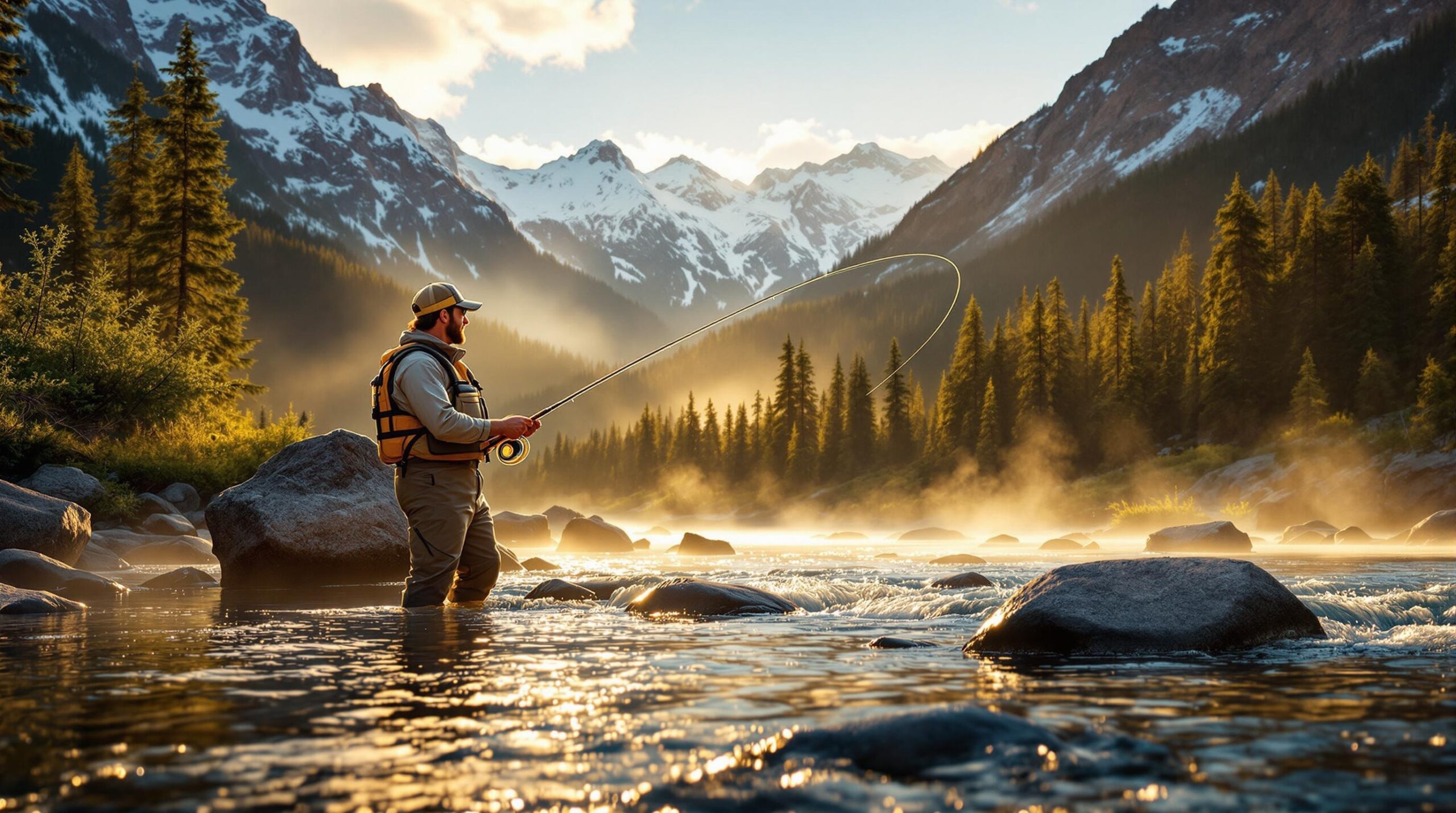 Fly fisherman casting in pristine mountain river during golden hour, showcasing premium fly fishing travel packages in the Rocky Mountains with snow-capped peaks and pine forests.