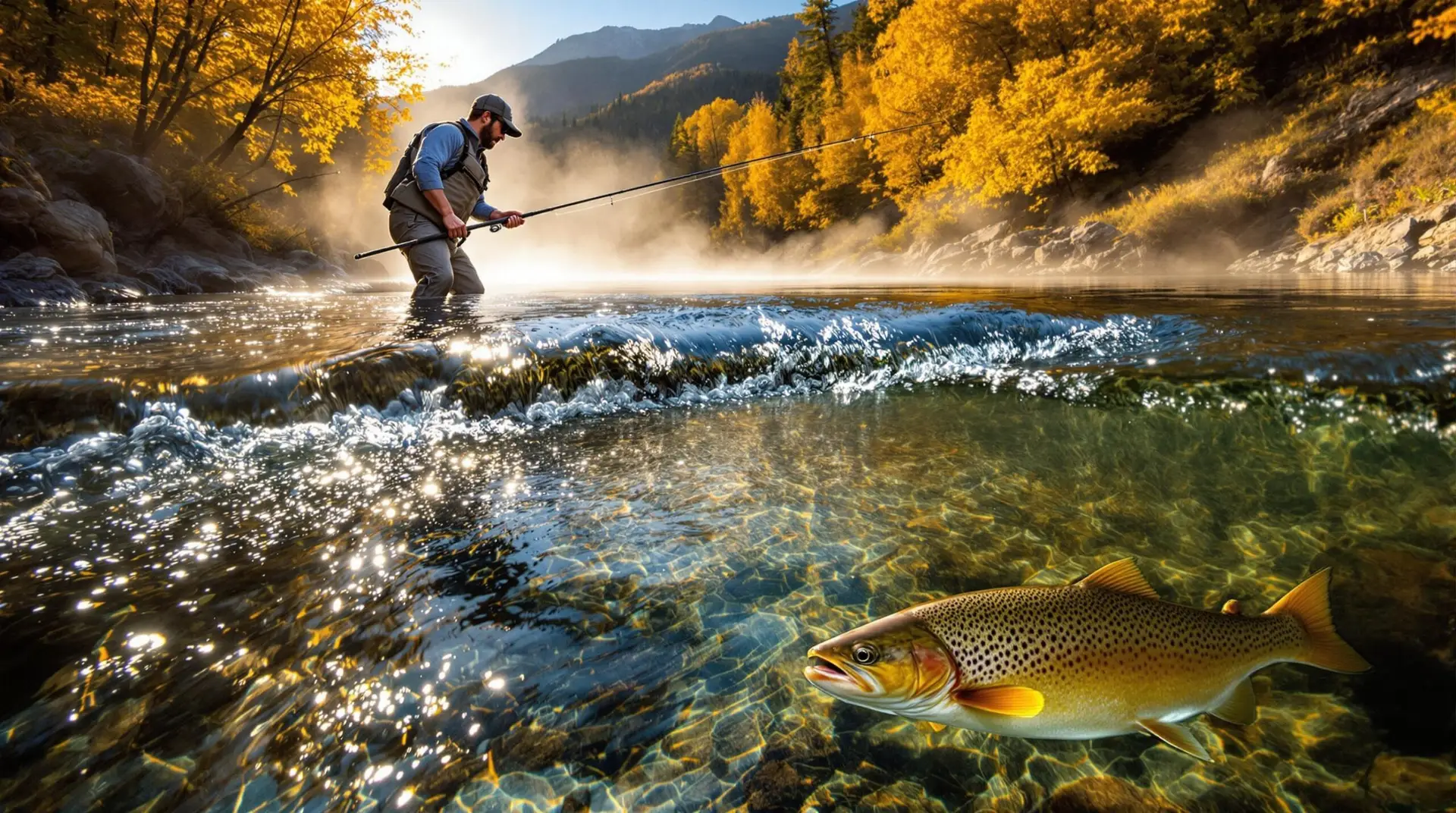 Fly fisherman practicing current seam nymphing technique in a mountain stream at sunrise, standing where fast and slow waters create a visible foam line where a wild brown trout hovers nearby.