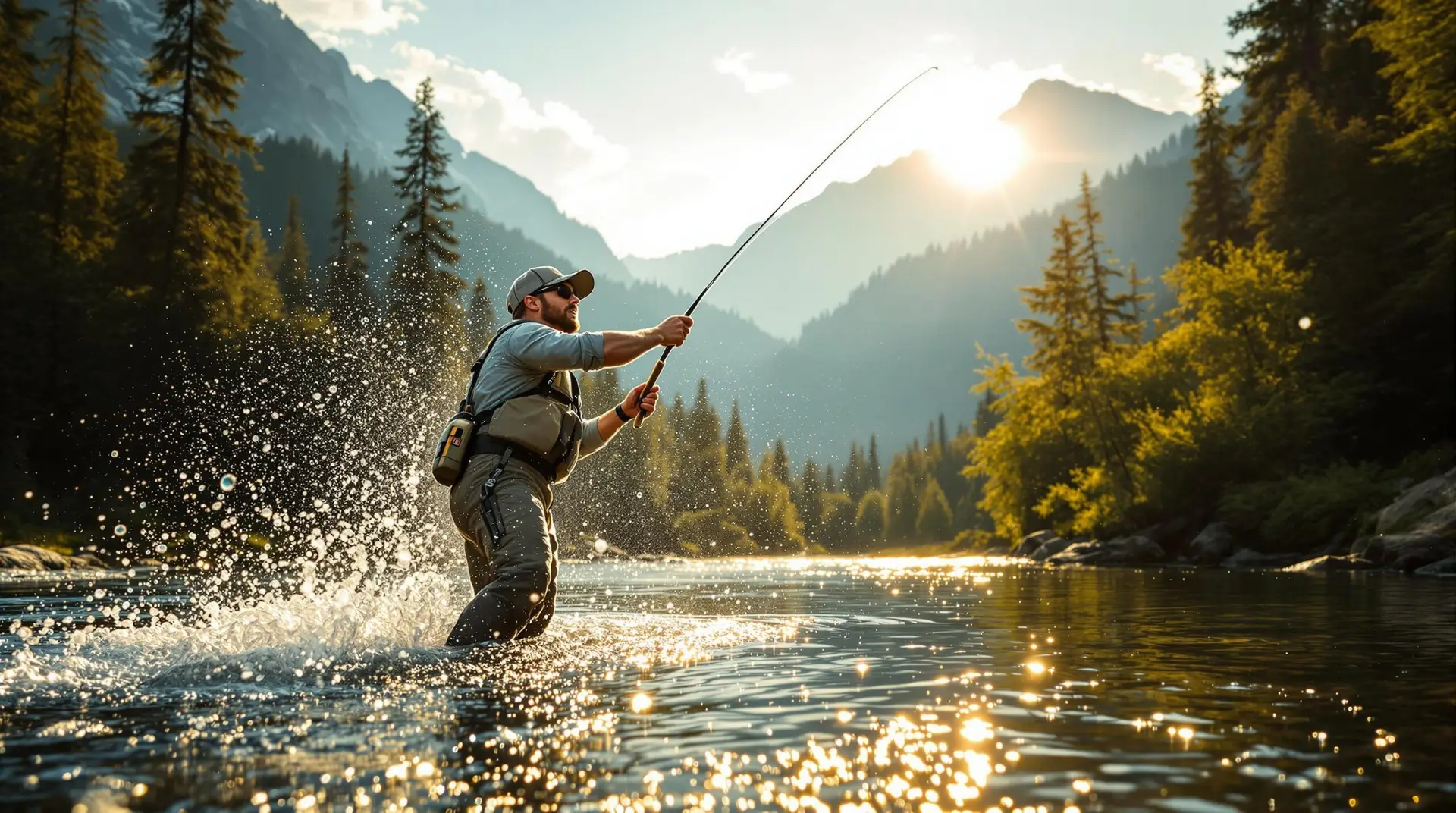 Fly fisherman demonstrates perfect casting technique during golden hour at a mountain stream, showcasing essential form referenced in any comprehensive fly fishing glossary.