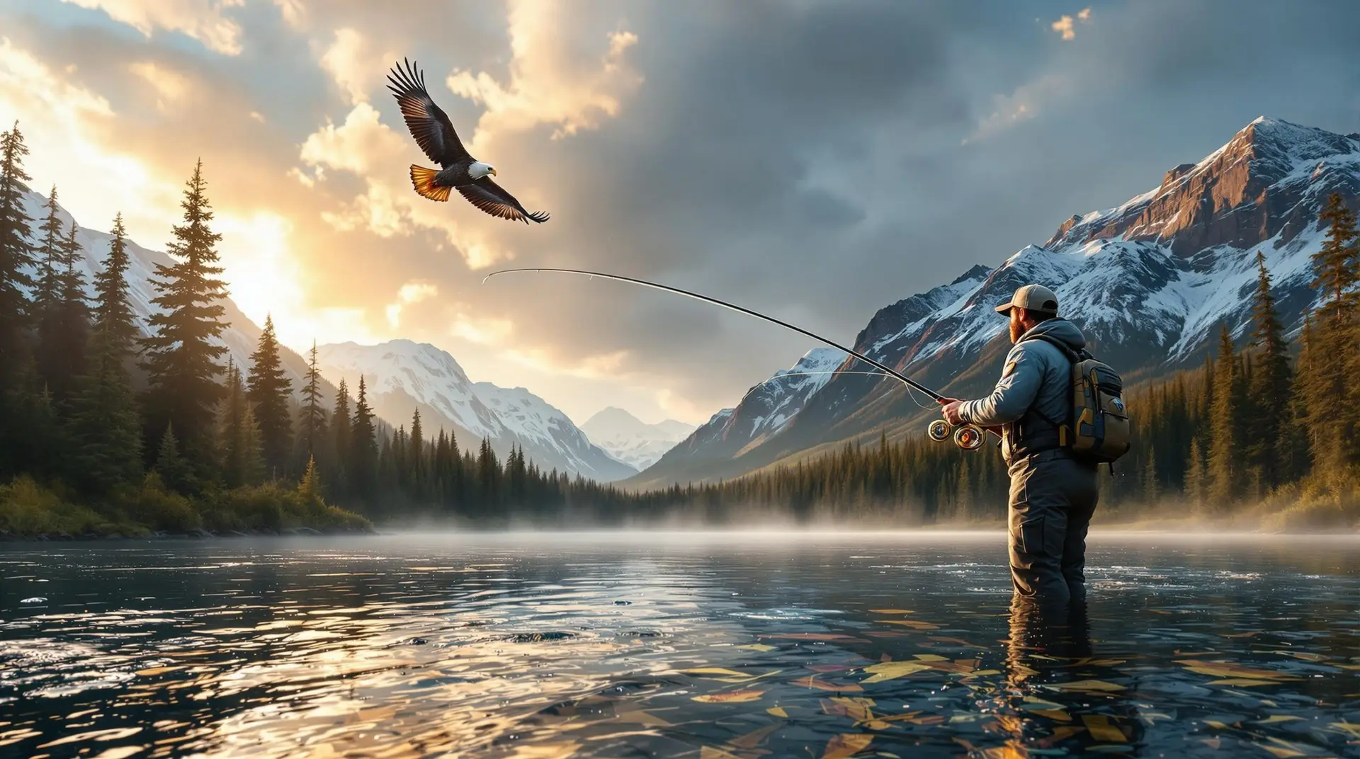 Fly fisherman casting in a crystal-clear Alaskan river during golden hour, with rainbow trout visible, snow-capped mountains and evergreens in background, and a bald eagle soaring overhead. Fly fishing in Alaska at its most picturesque.