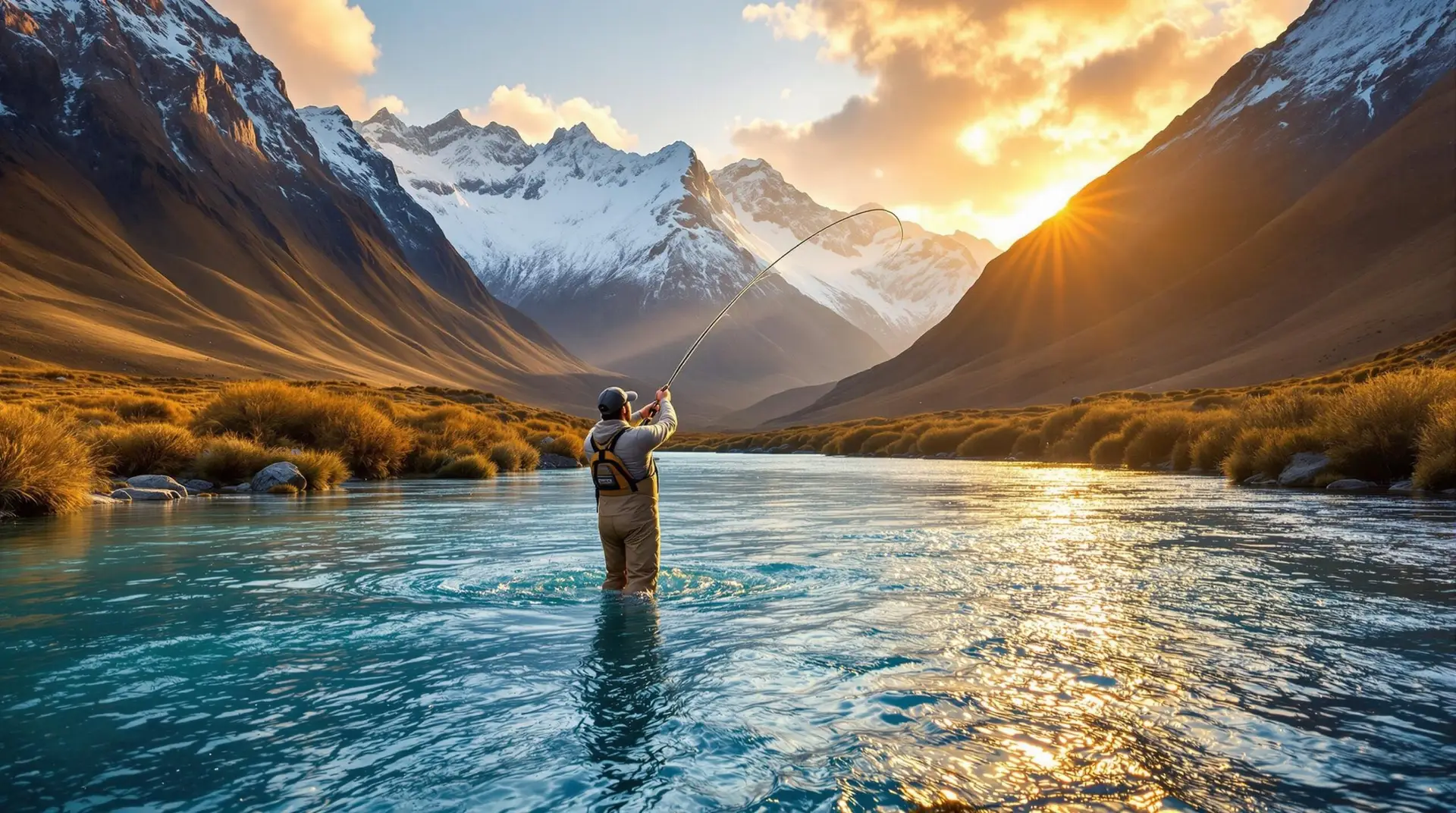 Fly fishing in Chile: Angler casting in turquoise Patagonian river at sunset with snow-capped Andes mountains in the background.
