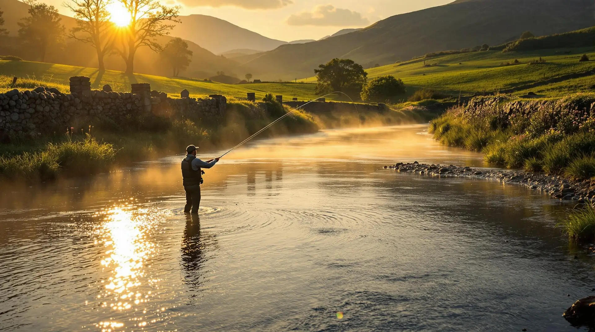 A silhouetted angler fly fishing in Ireland at golden hour, casting a line over a misty, crystal-clear river surrounded by lush green countryside and rolling hills.