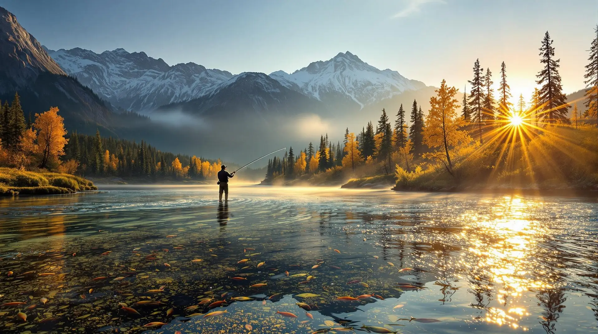 A silhouette of a fly fisherman casting in the golden light of sunrise on a crystal-clear Montana river, with trout swimming below and misty mountains in the background. Fly fishing in Montana at its most beautiful.