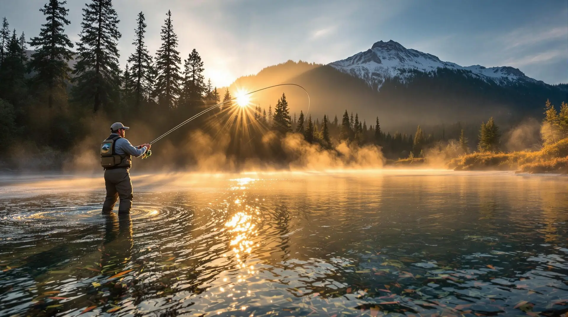 A silhouetted fly fisherman casting a line in Oregon's Deschutes River at golden hour, with mountains in the background and trout visible in the clear water. Mist rises as sunlight filters through pine trees. #fly fishing in Oregon