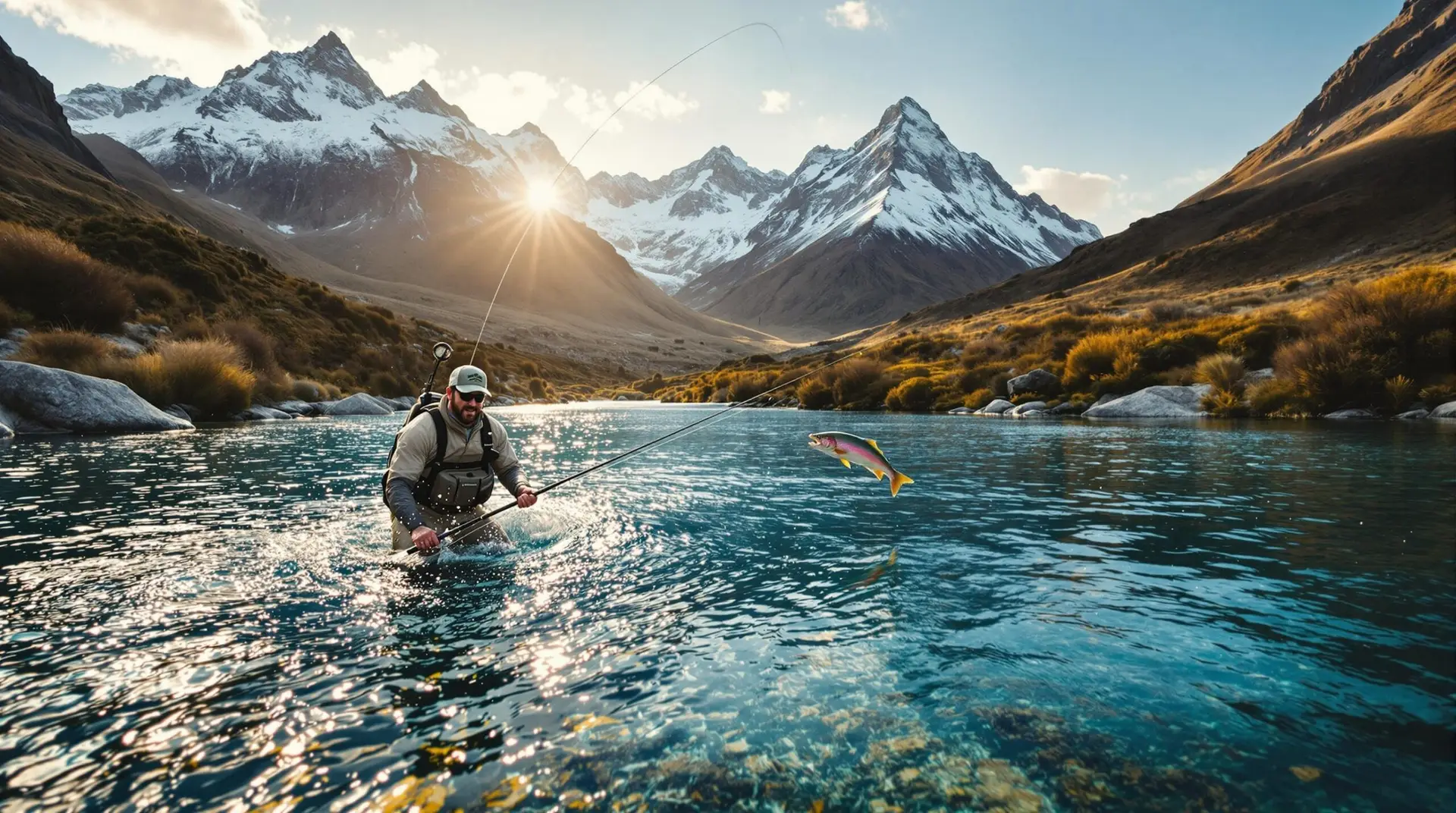 Fly fisherman casting in the golden hour light on a crystal-clear river in Patagonia, Argentina, with snow-capped Andes mountains in the background and a jumping rainbow trout nearby.