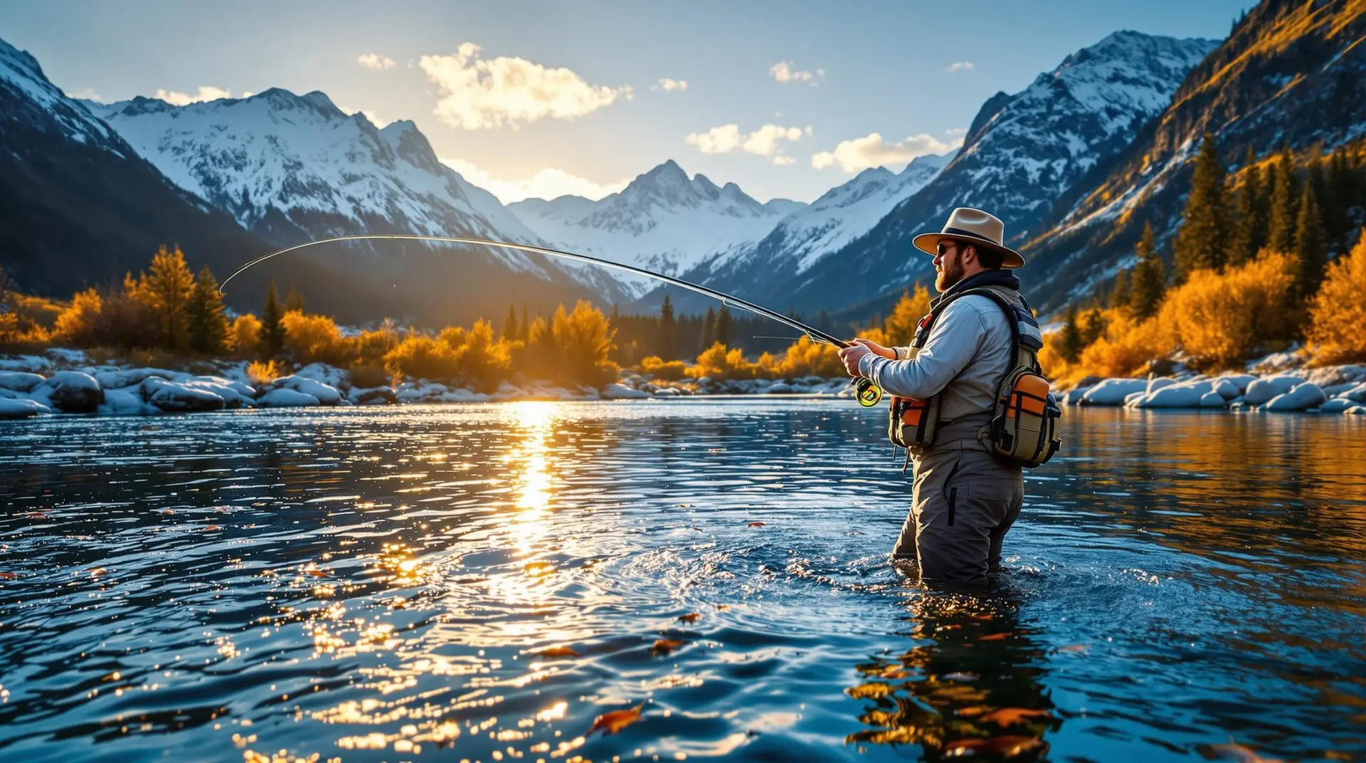 Fly fisherman casting in crystal clear waters of Wyoming's North Platte River at sunset, with snow-capped mountains and autumn foliage showcasing prime fly fishing in Wyoming.