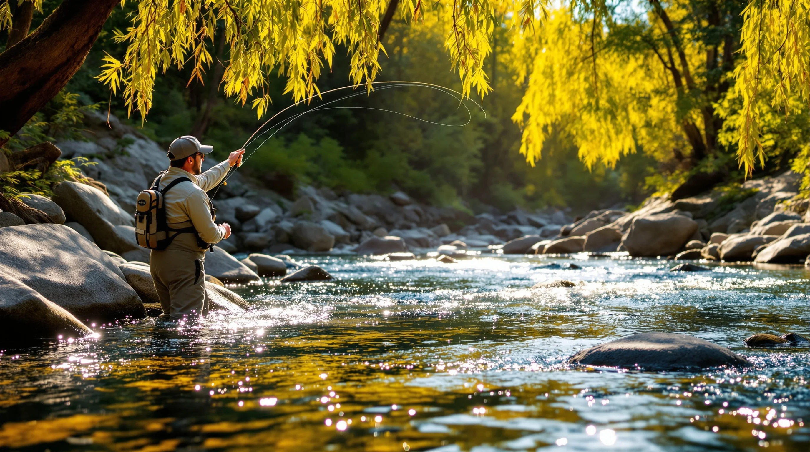 Fly fisherman casting dry flies in pristine mountain stream with crystal clear water and smooth river rocks