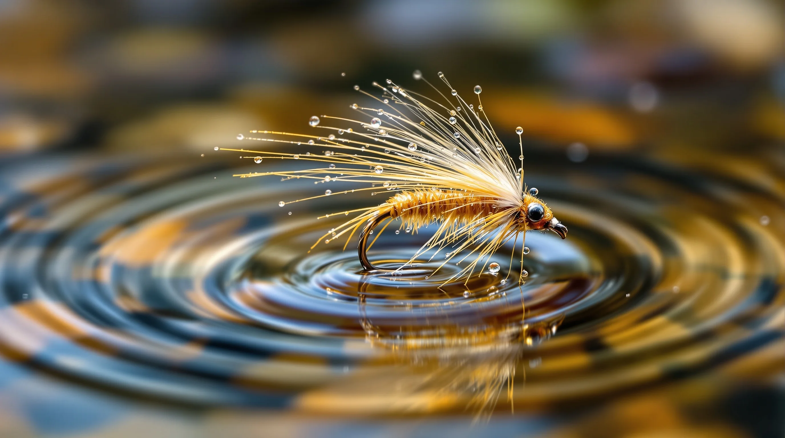 Close-up of dry fly floating on clear stream water with detailed hackle feathers and water droplets creating ripples