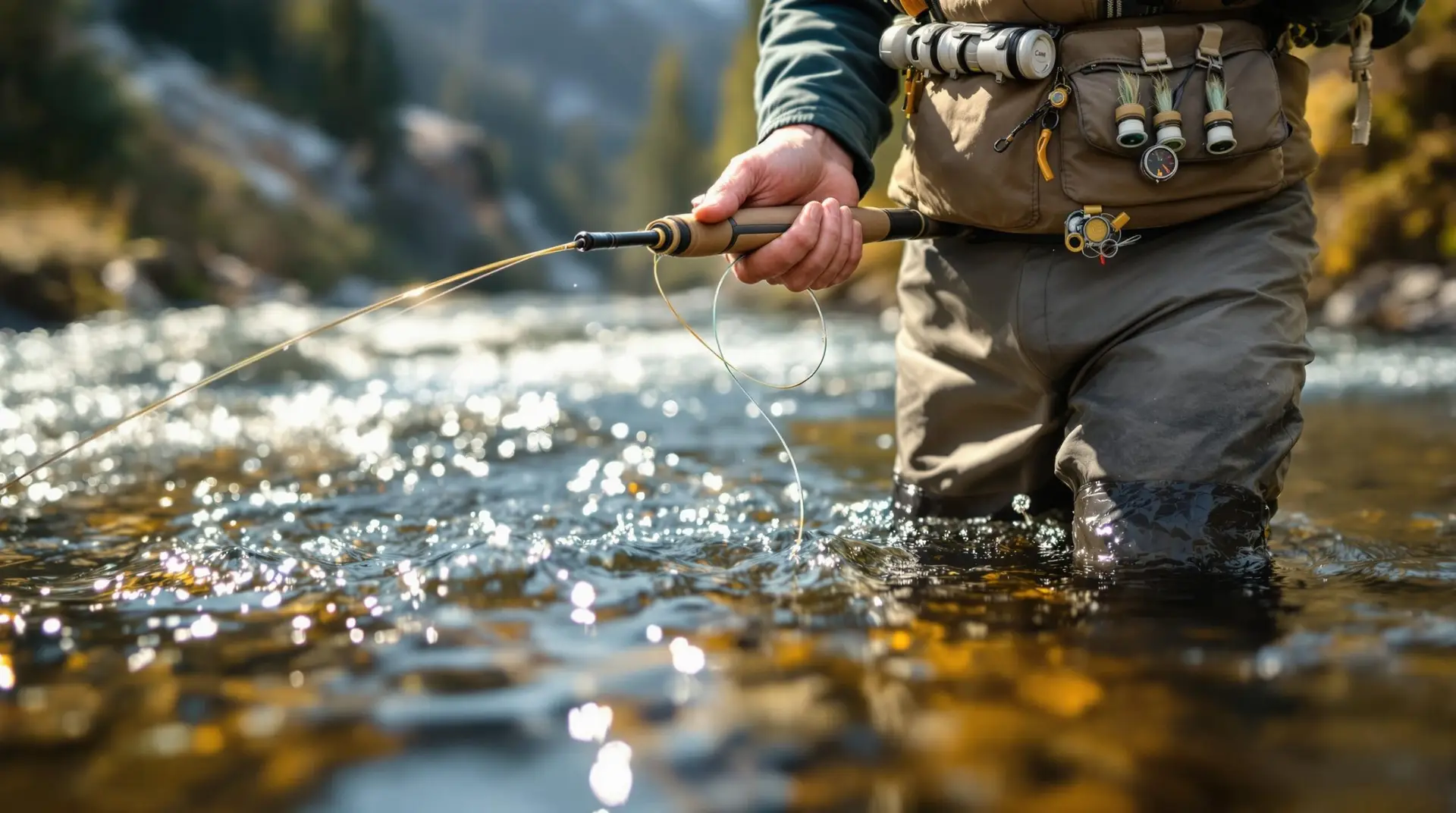 Skilled angler demonstrates euro nymphing tools and techniques while wading in a sunlit mountain stream, using specialized rod, colorful leader, and organized vest of essential supplies.