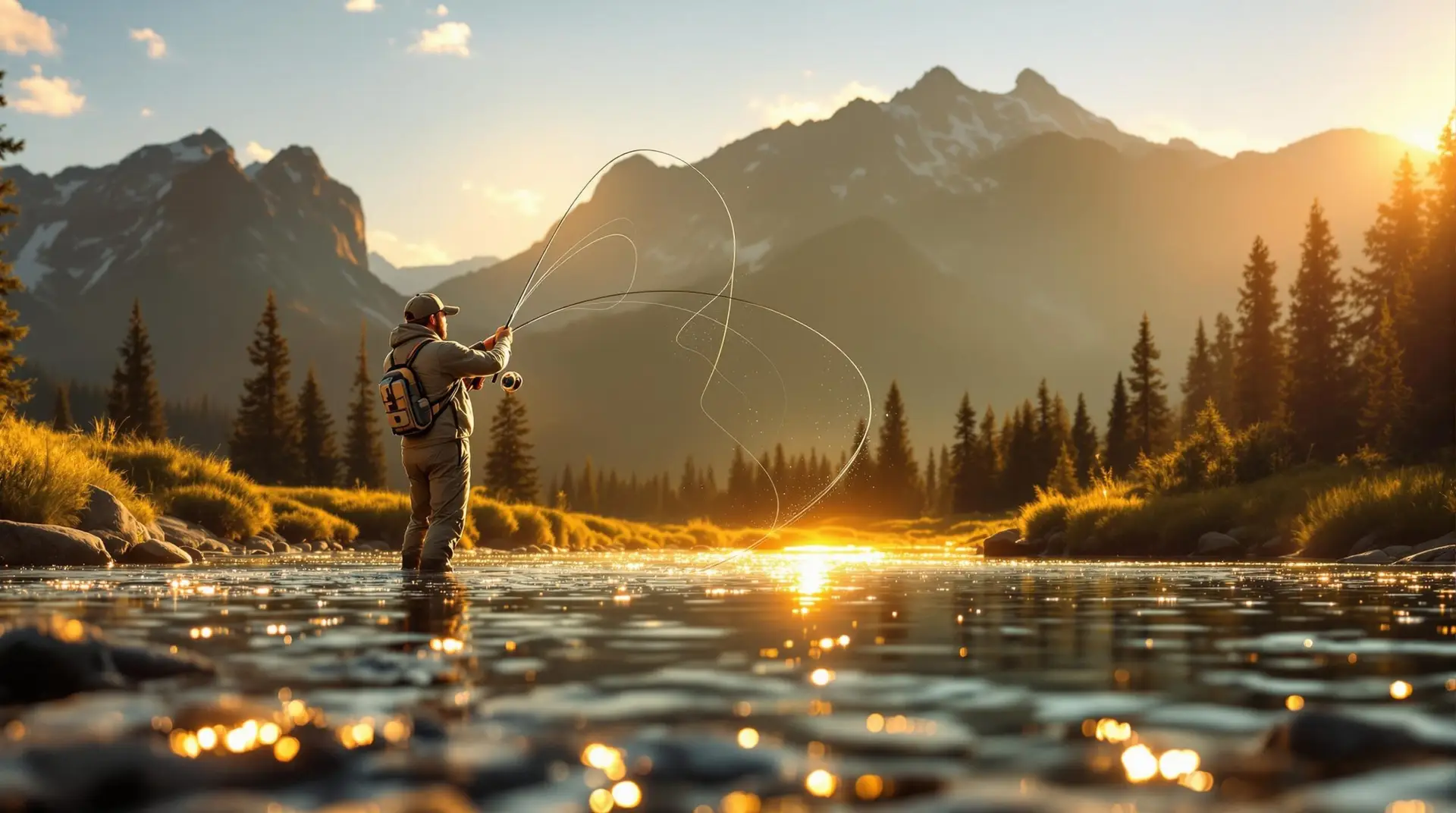 Angler casting in a mountain stream at sunset, demonstrating proper technique with professional equipment - fly fishing glossary reference for beginners learning the art.