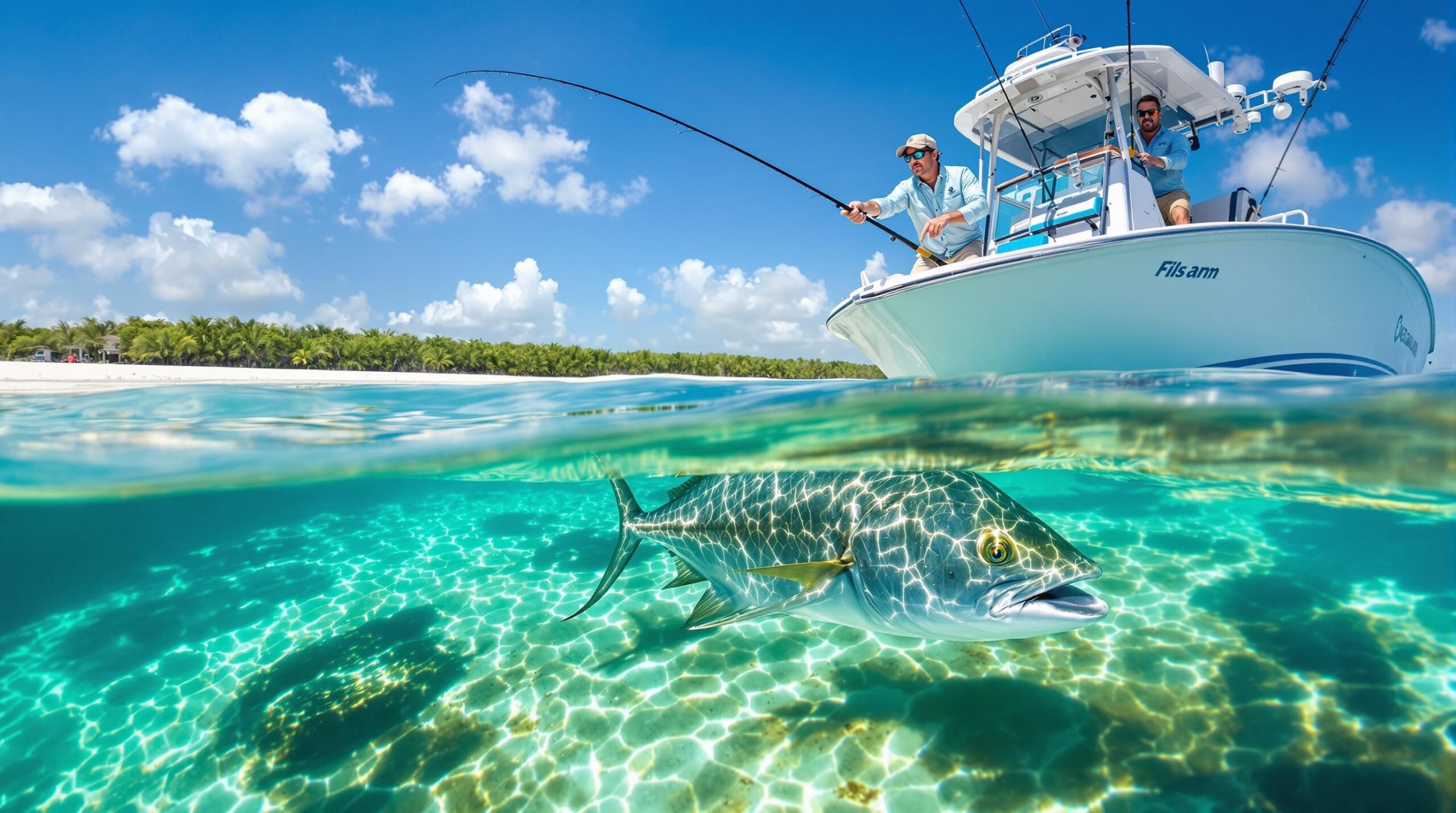 Angler casting fly rod to permit fish in crystal-clear turquoise waters during fly fishing holidays in Ascension Bay, Mexico, with Mayan guide on flats boat