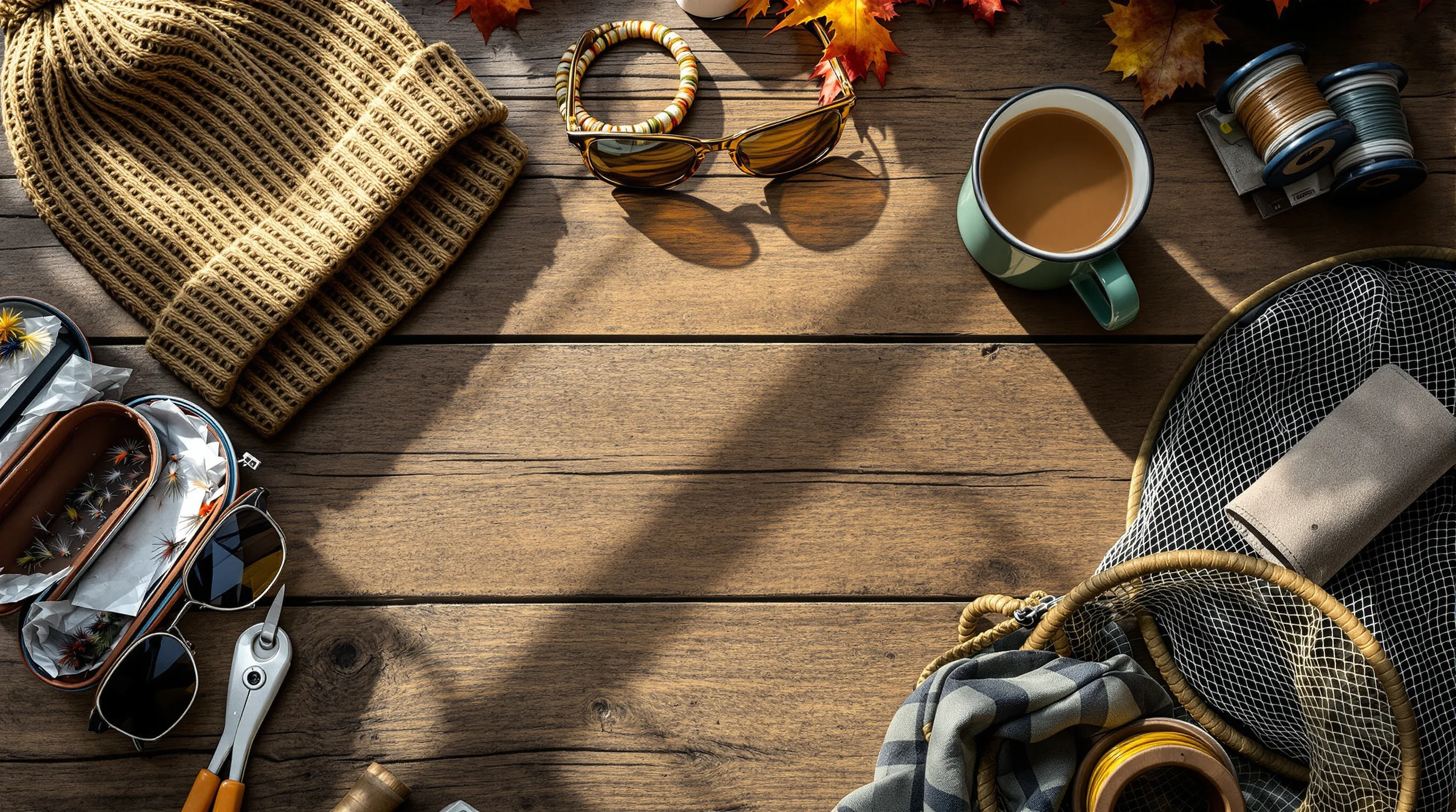 Flat-lay of fly fishing gifts including beanie, sunglasses, fly box, and net on wooden table