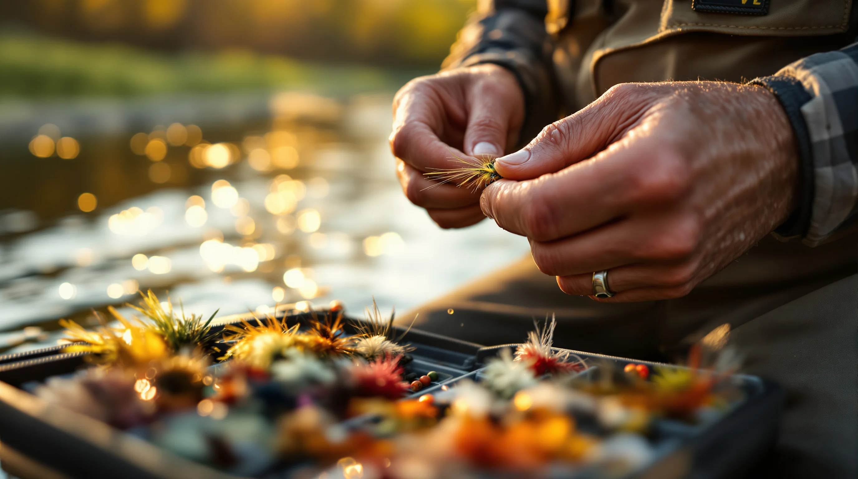 Angler tying a fly onto a leader line by a river, with fly box among fly fishing gifts anglers use