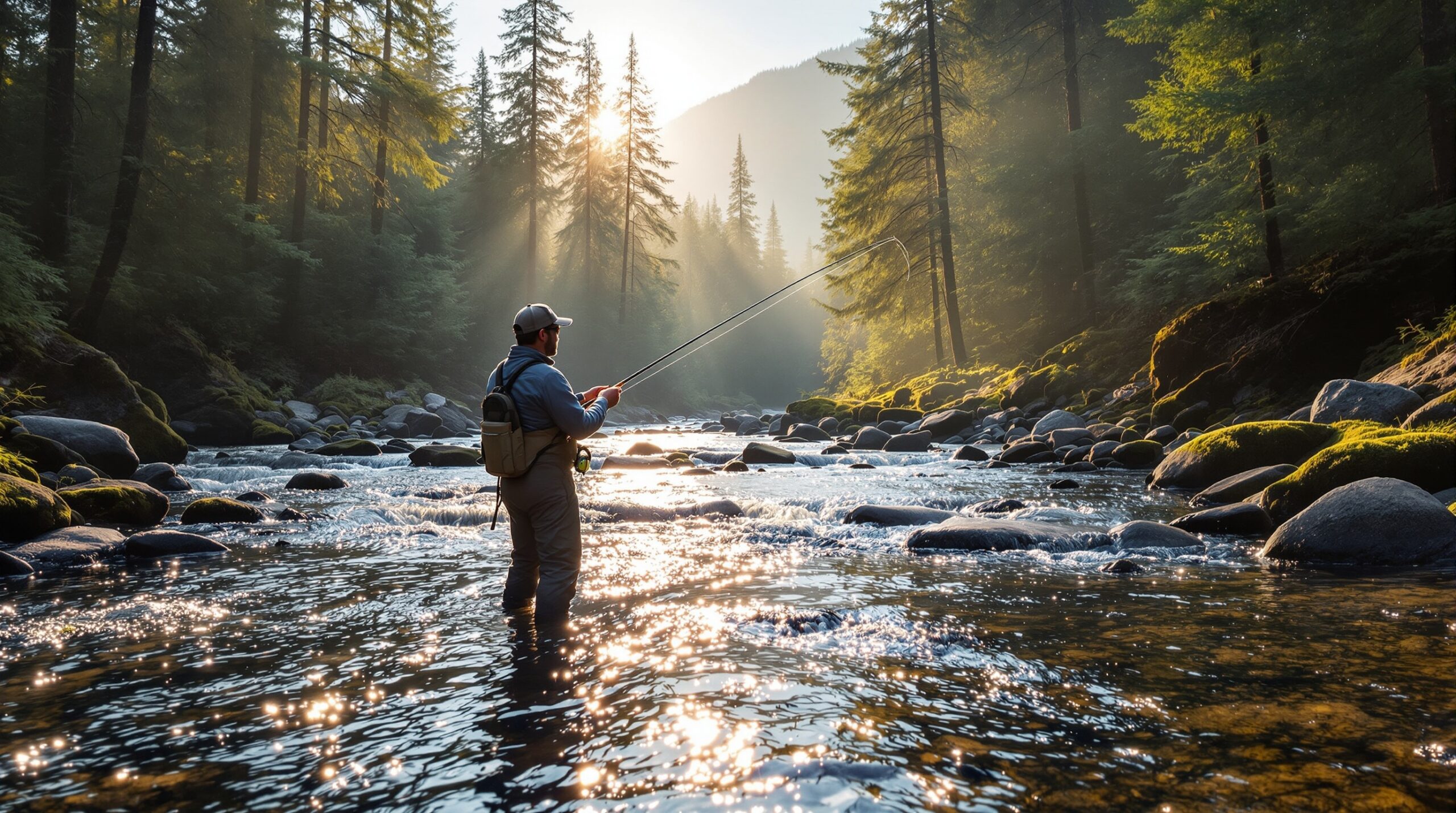 Fly fisherman casting line on pristine Appalachian mountain stream at golden hour, showcasing one of America's premier fly fishing travel destinations with crystal-clear water, ancient forest, and misty mountain backdrop.