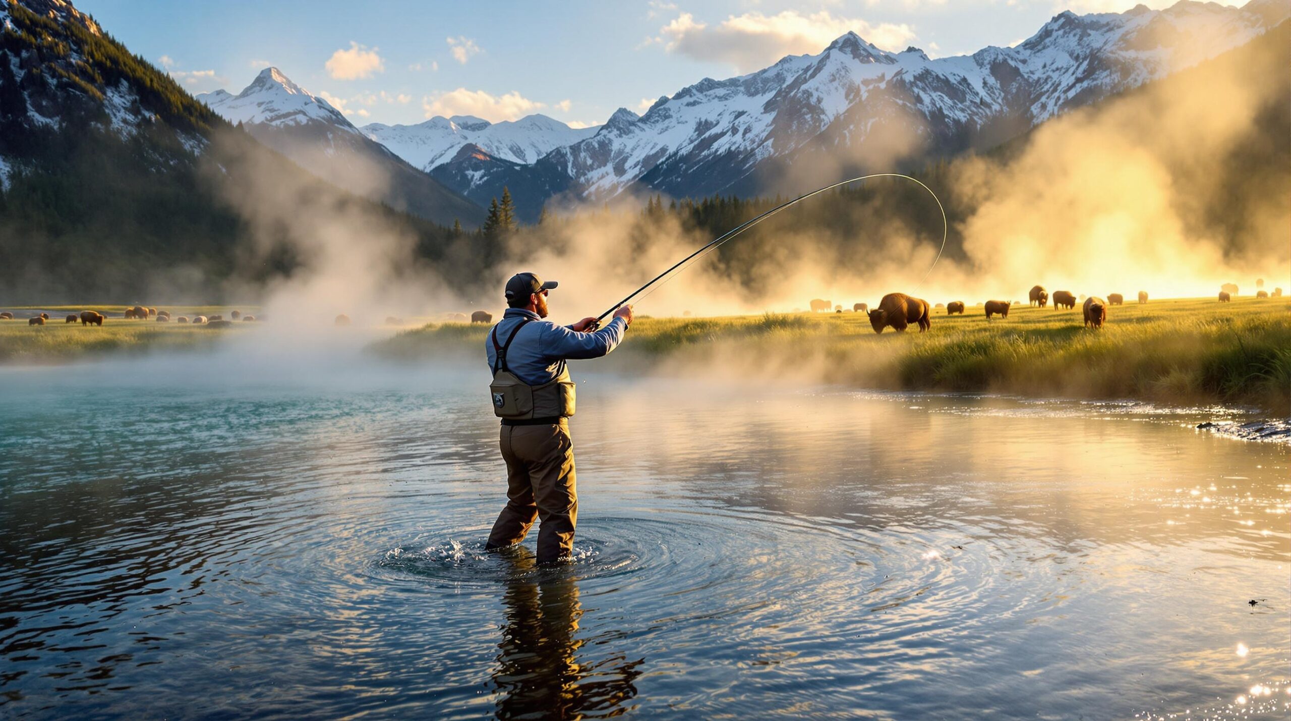 Fly fisherman casting in pristine Yellowstone river with geothermal steam and bison, showcasing world-class fly fishing trips in mountain wilderness setting.