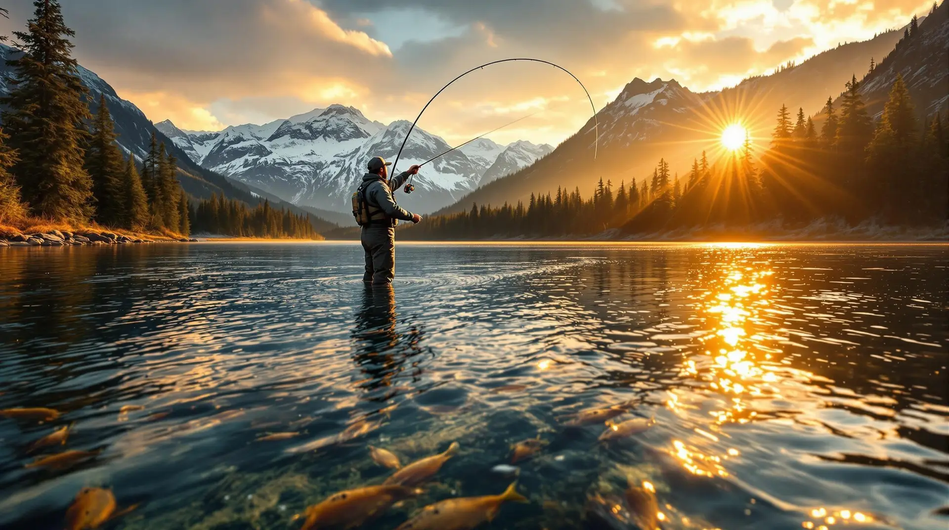 Silhouetted fly fisherman casting a line in a pristine British Columbia river at sunset, with fly fishing in British Columbia's wilderness showcased against snow-capped mountains and salmon visible beneath the golden-lit water surface.