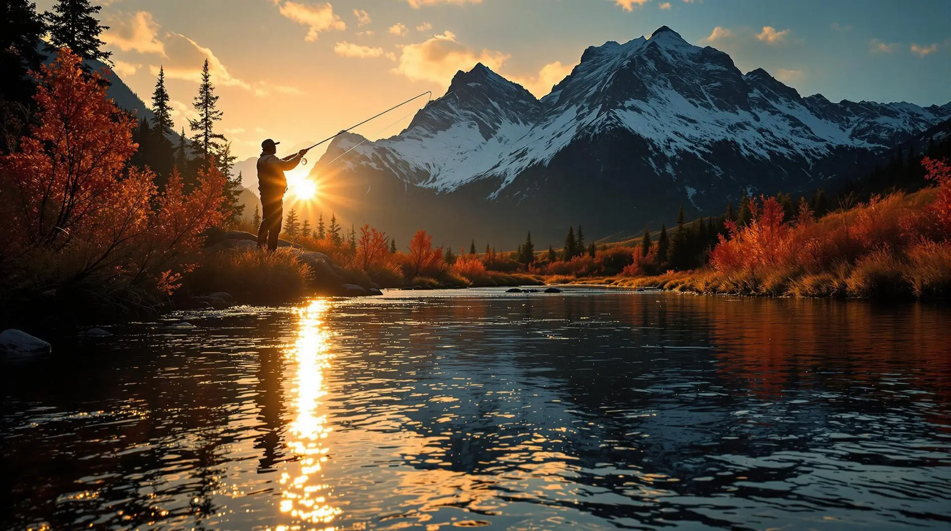 Silhouetted angler fly fishing in Colorado's mountain river at sunset, with snow-capped peaks reflected in clear water surrounded by autumn foliage.