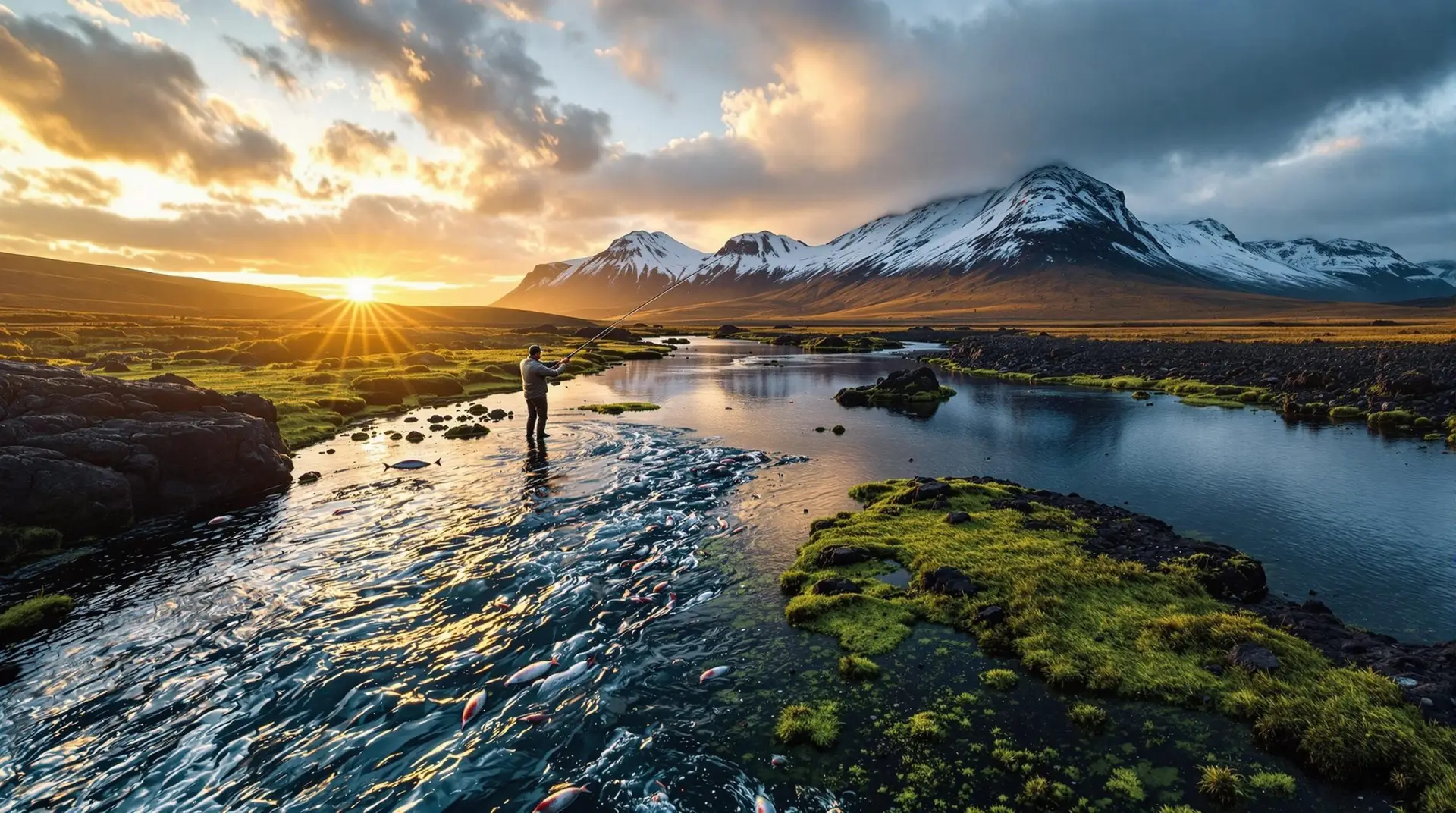 Aerial view of a solitary angler fly fishing in Iceland during golden hour, casting into a crystal-clear river where salmon swim beneath reflections of snow-capped volcanic mountains.